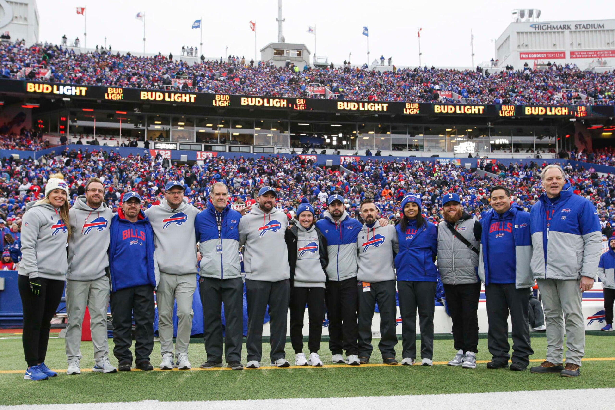 Buffalo Bills medical and training staff pose stand for a photo before an NFL football game against the New England Patriots on Sunday, Jan. 8, 2023, in Orchard Park, N.Y. (AP Photo/Joshua Bessex)