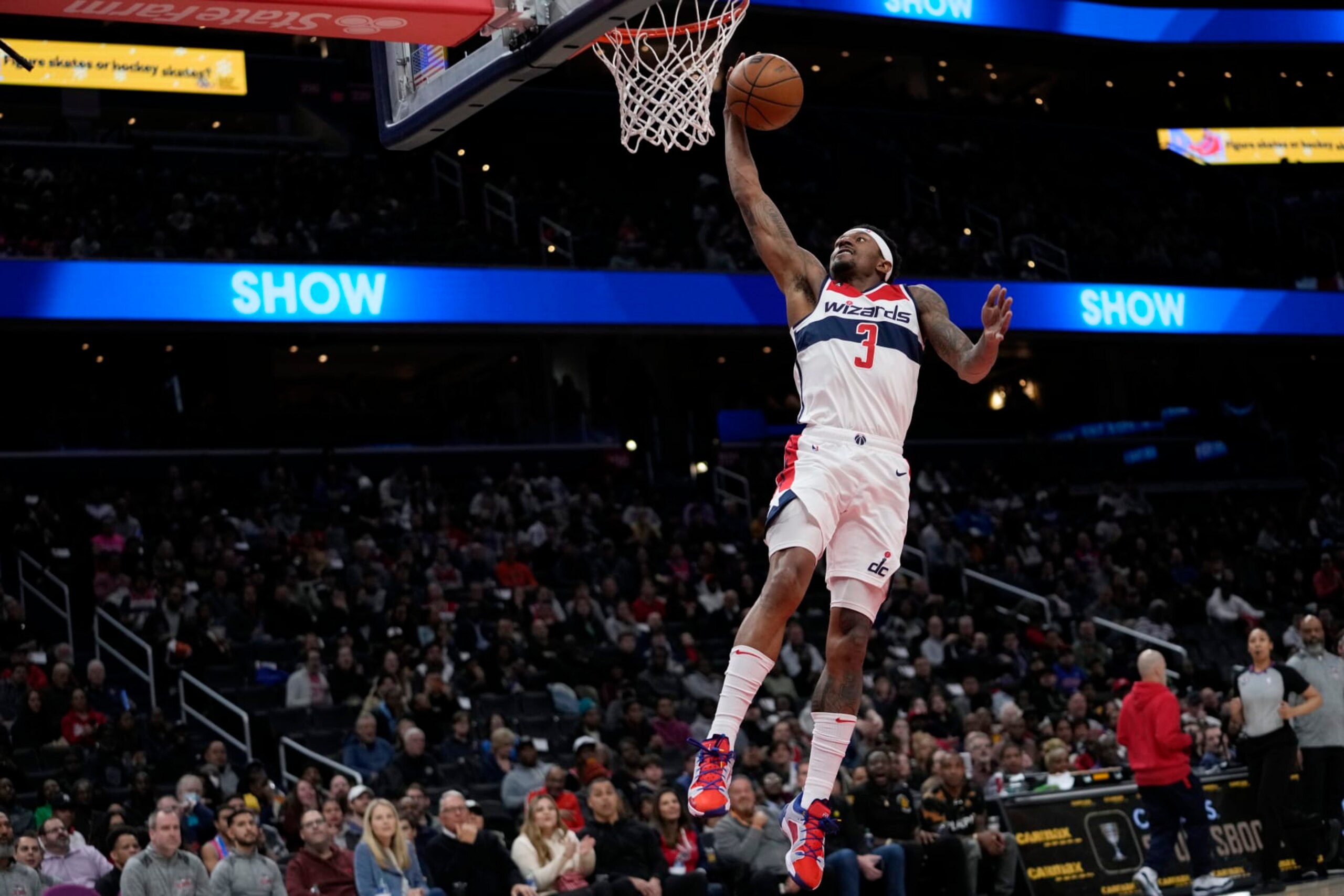 Washington Wizards guard Bradley Beal (3) shot the ball during the first half of an NBA basketball game against the Detroit Pistons Tuesday, March 14, 2023, in Washington. (AP Photo/Carolyn Kaster)