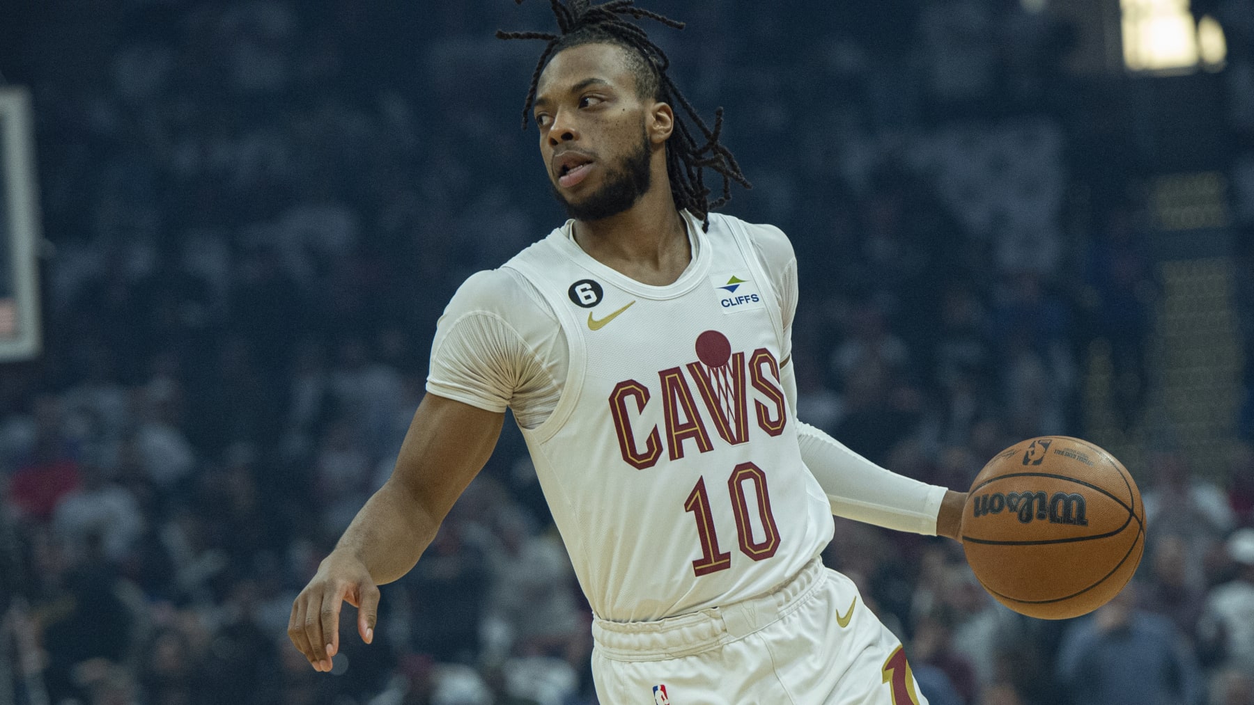 Cleveland Cavaliers' Darius Garland (10) brings the ball up court during the first half of Game 5 of an NBA basketball first-round playoff series, Wednesday, April 26, 2023, in Cleveland. (AP Photo/Phil Long)