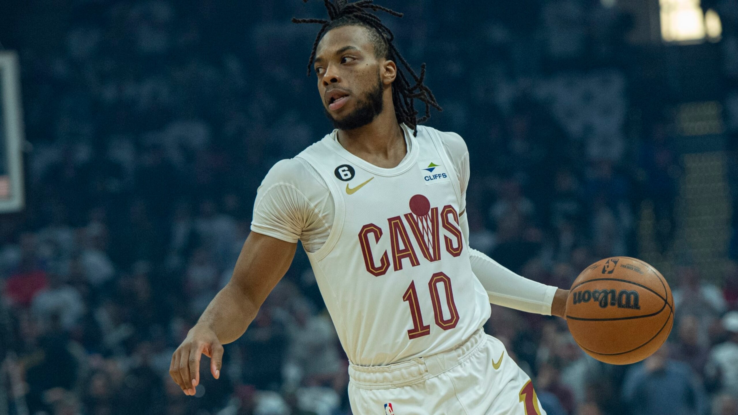 Cleveland Cavaliers' Darius Garland (10) brings the ball up court during the first half of Game 5 of an NBA basketball first-round playoff series, Wednesday, April 26, 2023, in Cleveland. (AP Photo/Phil Long)