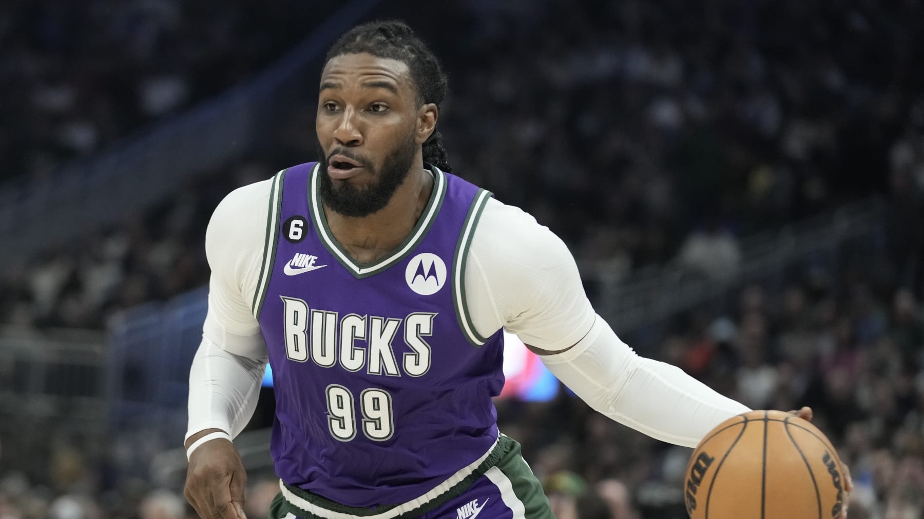 Milwaukee Bucks' Jae Crowder during the second half of an NBA basketball game against the Memphis Grizzlies Friday, April 7, 2023, in Milwaukee. (AP Photo/Morry Gash)
