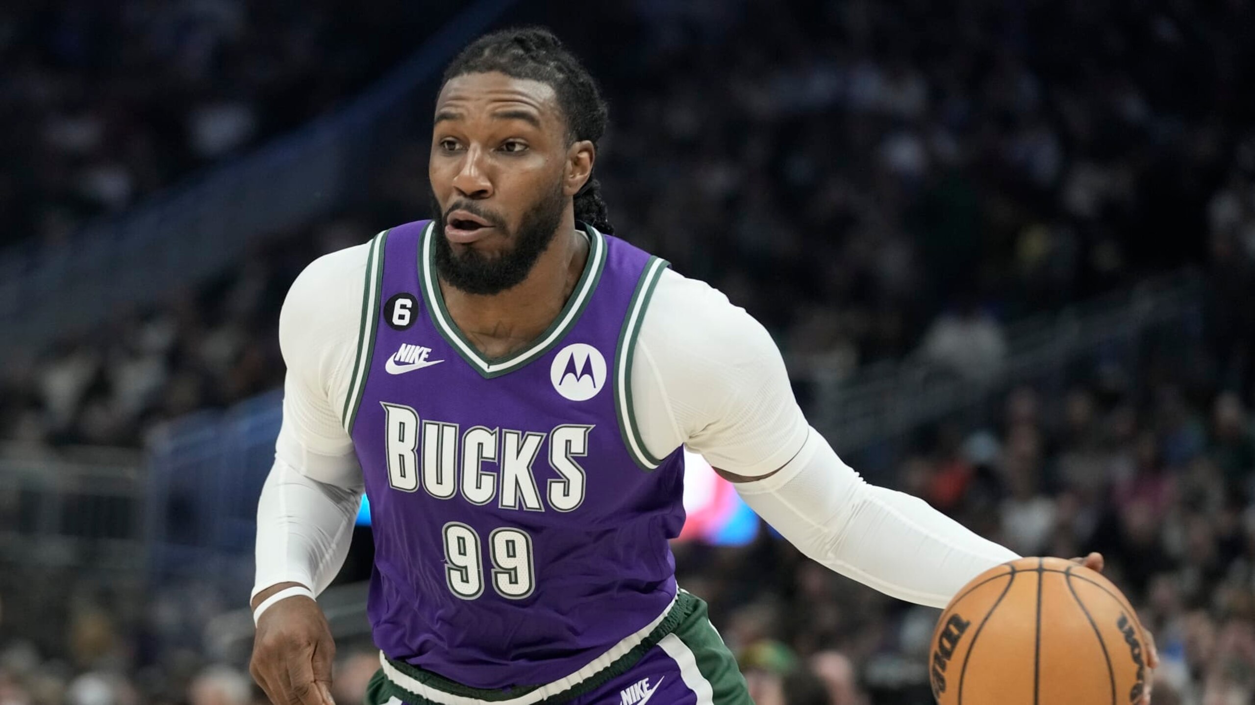 Milwaukee Bucks' Jae Crowder during the second half of an NBA basketball game against the Memphis Grizzlies Friday, April 7, 2023, in Milwaukee. (AP Photo/Morry Gash)