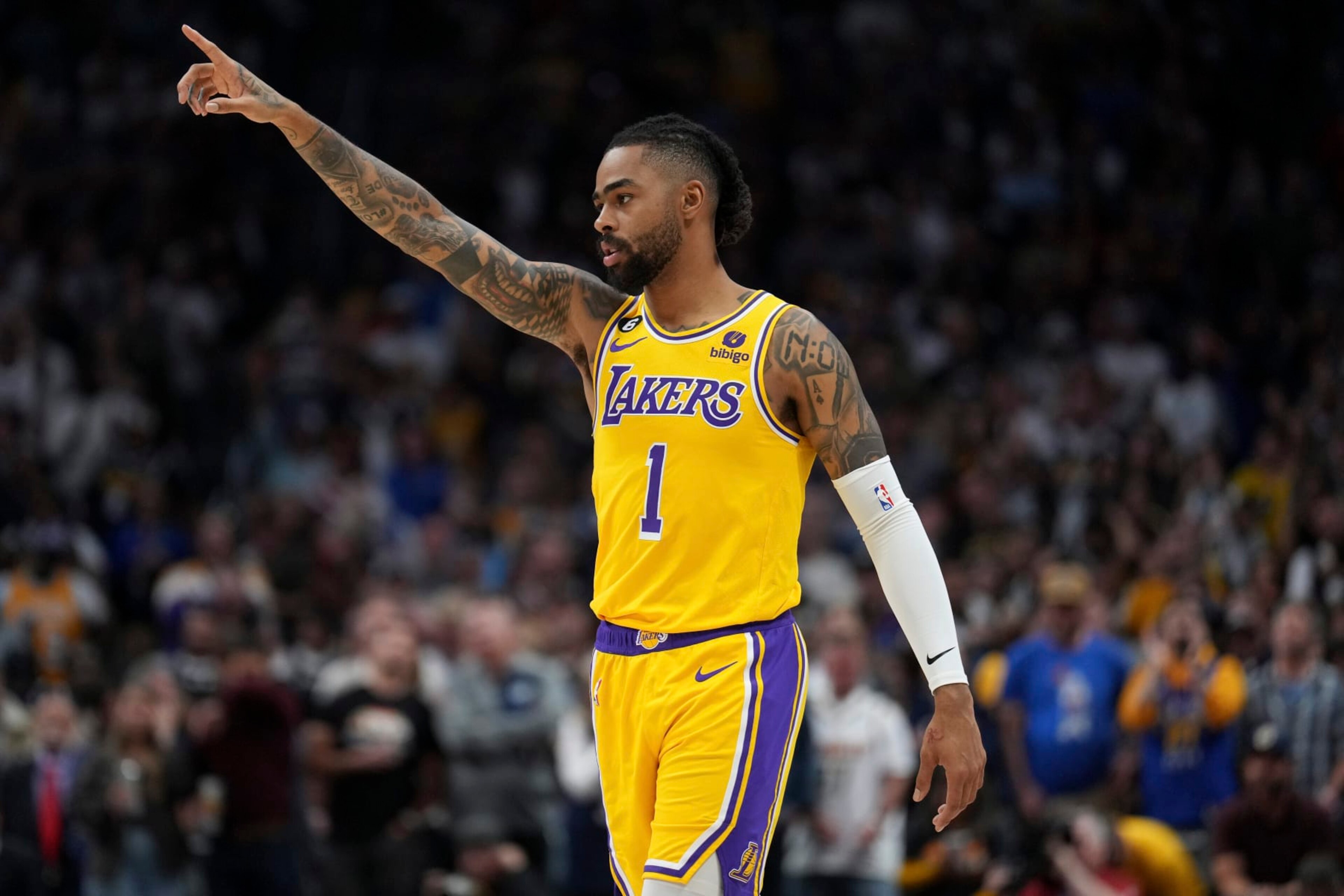 Los Angeles Lakers guard D'Angelo Russell (1) motions after a basket against the Denver Nuggets during the second half of Game 2 of the NBA basketball Western Conference Finals series, Thursday, May 18, 2023, in Denver. (AP Photo/Jack Dempsey) Los Angeles Lakers guard D'Angelo Russell (1) motions after a basket against the Denver Nuggets during the second half of Game 2 of the NBA basketball Western Conference Finals series, Thursday, May 18, 2023, in Denver. (AP Photo/Jack Dempsey)