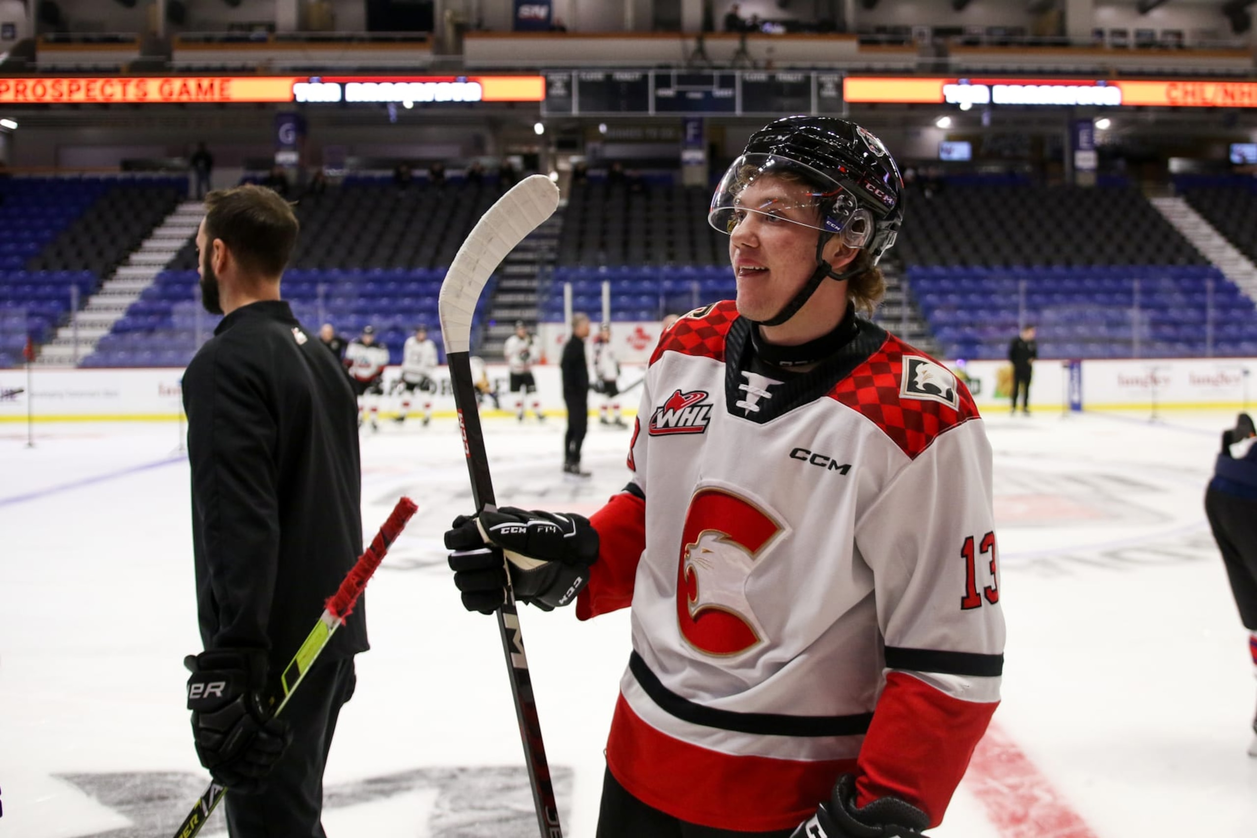 LANGLEY, BRITISH COLUMBIA - JANUARY 24: Forward Koehn Ziemmer #13 of the Prince George Cougars skates for Team White during the 2023 Kubota CHL Top Prospects Game Practice at the Langley Events Centre on January 24, 2023 in Langley, British Columbia. (Photo by Dennis Pajot/Getty Images)