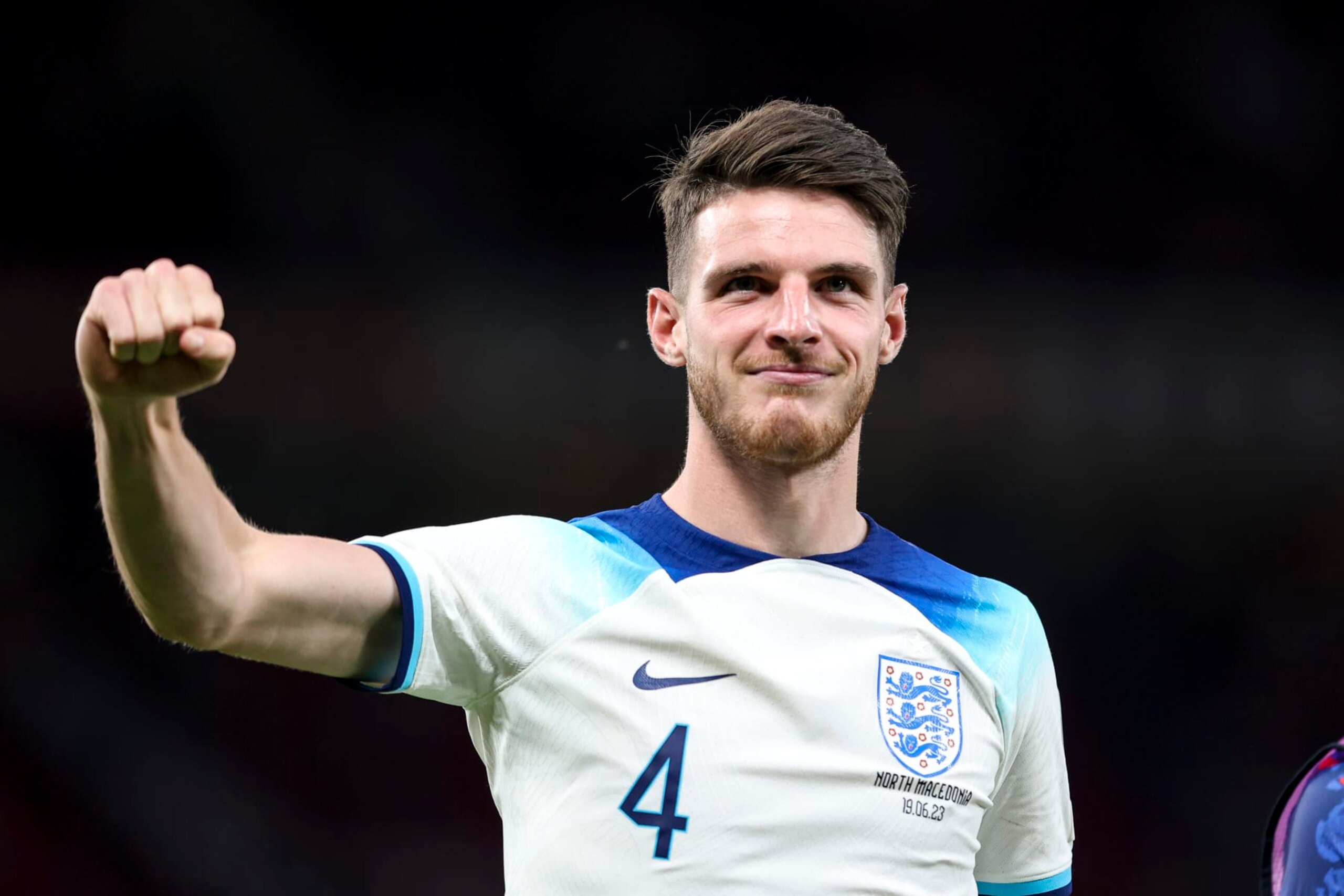 MANCHESTER, ENGLAND - JUNE 19: Declan Rice of England after his sides 7-0 win during the UEFA EURO 2024 qualifying round group C match between England and North Macedonia at Old Trafford on June 19, 2023 in Manchester, England. (Photo by Robin Jones/Getty Images) MANCHESTER, ENGLAND - JUNE 19: Declan Rice of England after his sides 7-0 win during the UEFA EURO 2024 qualifying round group C match between England and North Macedonia at Old Trafford on June 19, 2023 in Manchester, England. (Photo by Robin Jones/Getty Images)