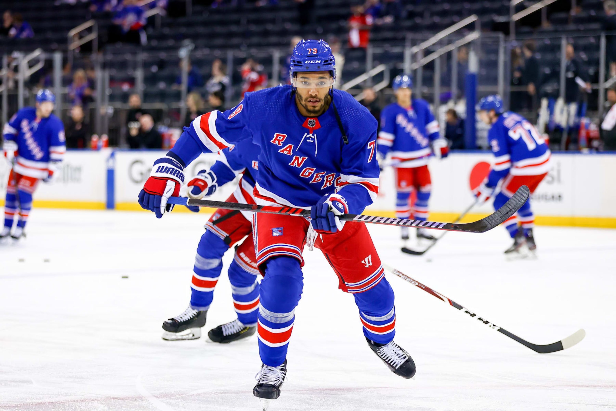 NEW YORK, NY - APRIL 24: New York Rangers Defenseman K'Andre Miller (79) in action prior to Game 4 of the National Hockey League Eastern Conference First Round between the New Jersey Devils and the New York Rangers on April 24, 2023 at Madison Square Garden in New York, NY. (Photo by Joshua Sarner/Icon Sportswire via Getty Images)