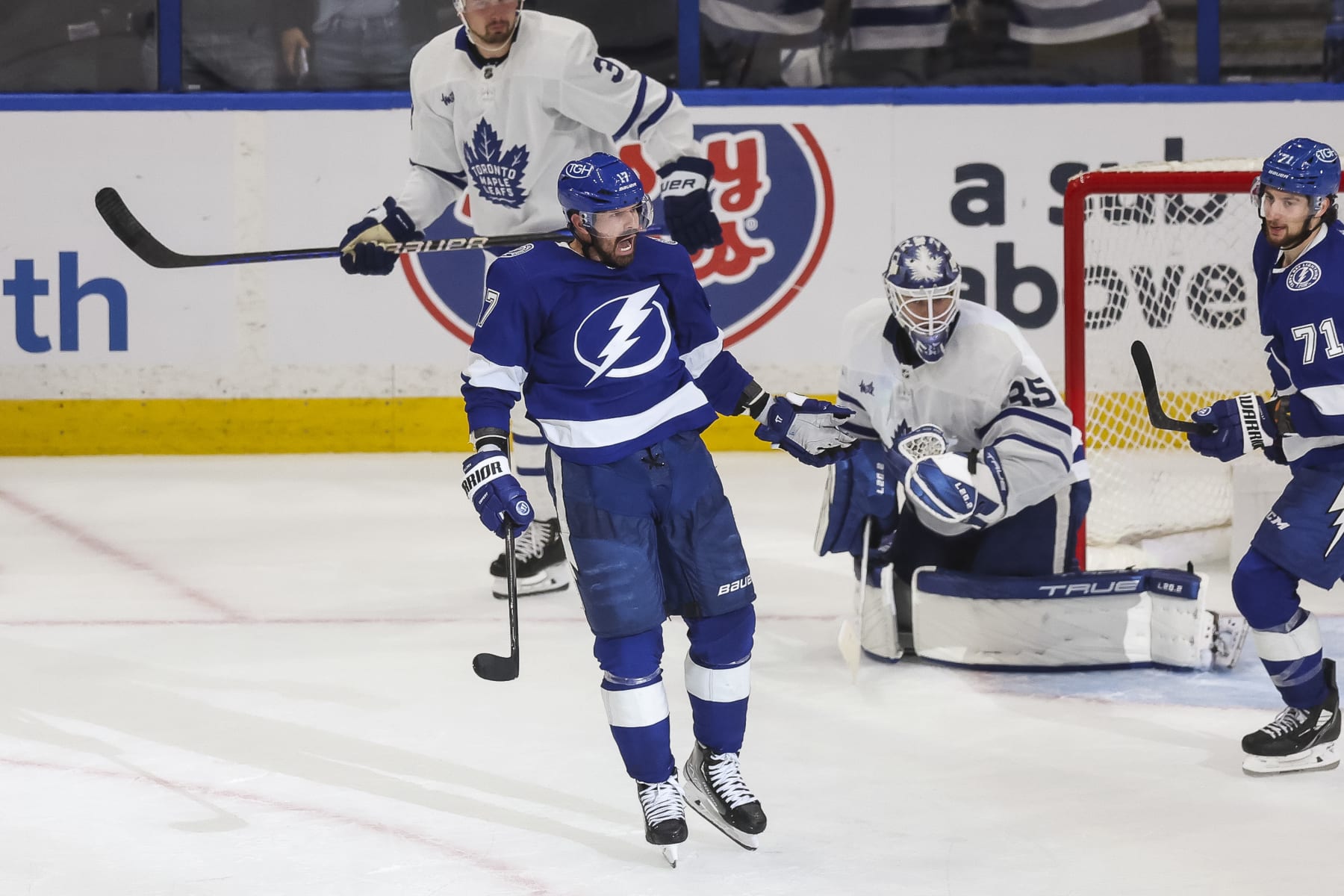 TAMPA, FL - APRIL 24: Alex Killorn #17 of the Tampa Bay Lightning celebrates a goal against the Toronto Maple Leafs during the second period in Game Four of the First Round of the 2023 Stanley Cup Playoffs at Amalie Arena on April 24, 2023 in Tampa, Florida. (Photo by Mike Carlson/NHLI via Getty Images)