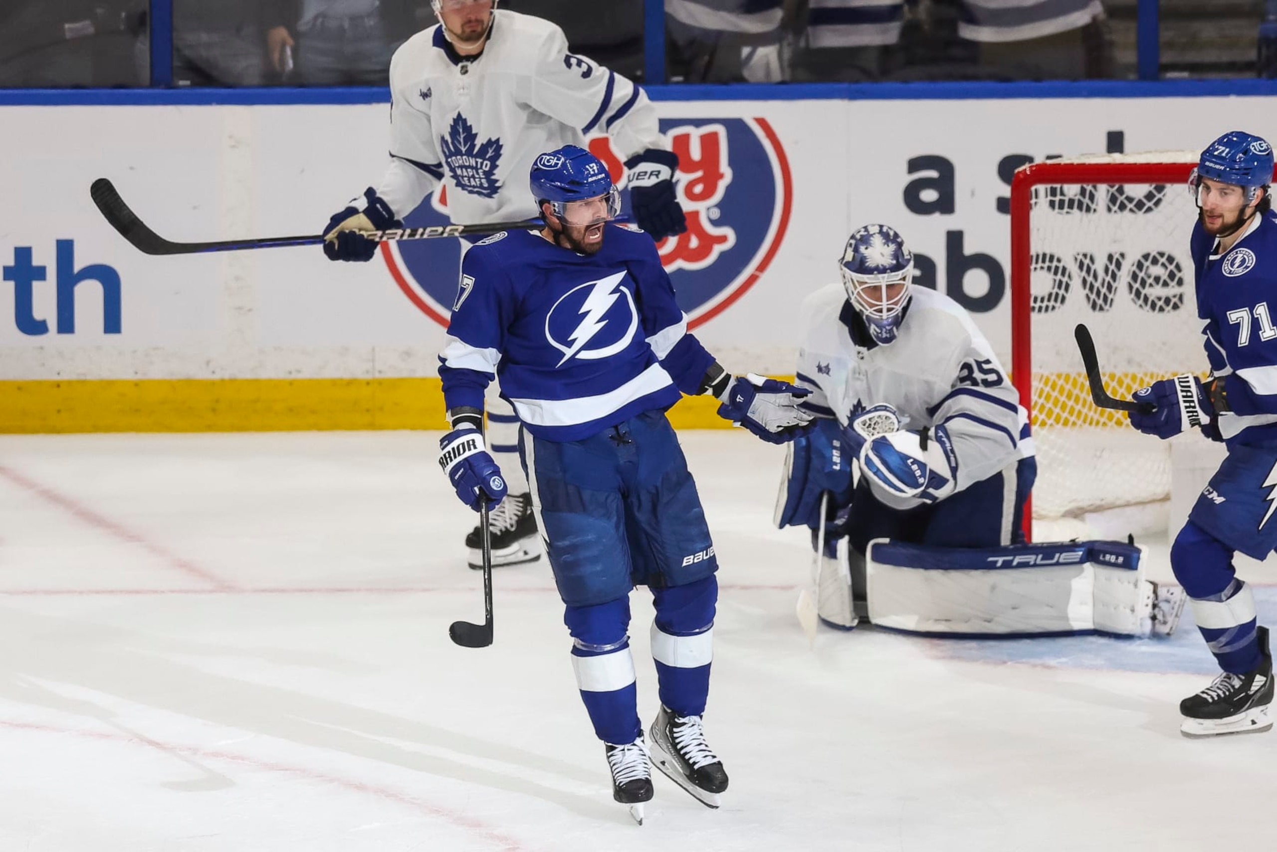 TAMPA, FL - APRIL 24: Alex Killorn #17 of the Tampa Bay Lightning celebrates a goal against the Toronto Maple Leafs during the second period in Game Four of the First Round of the 2023 Stanley Cup Playoffs at Amalie Arena on April 24, 2023 in Tampa, Florida. (Photo by Mike Carlson/NHLI via Getty Images)