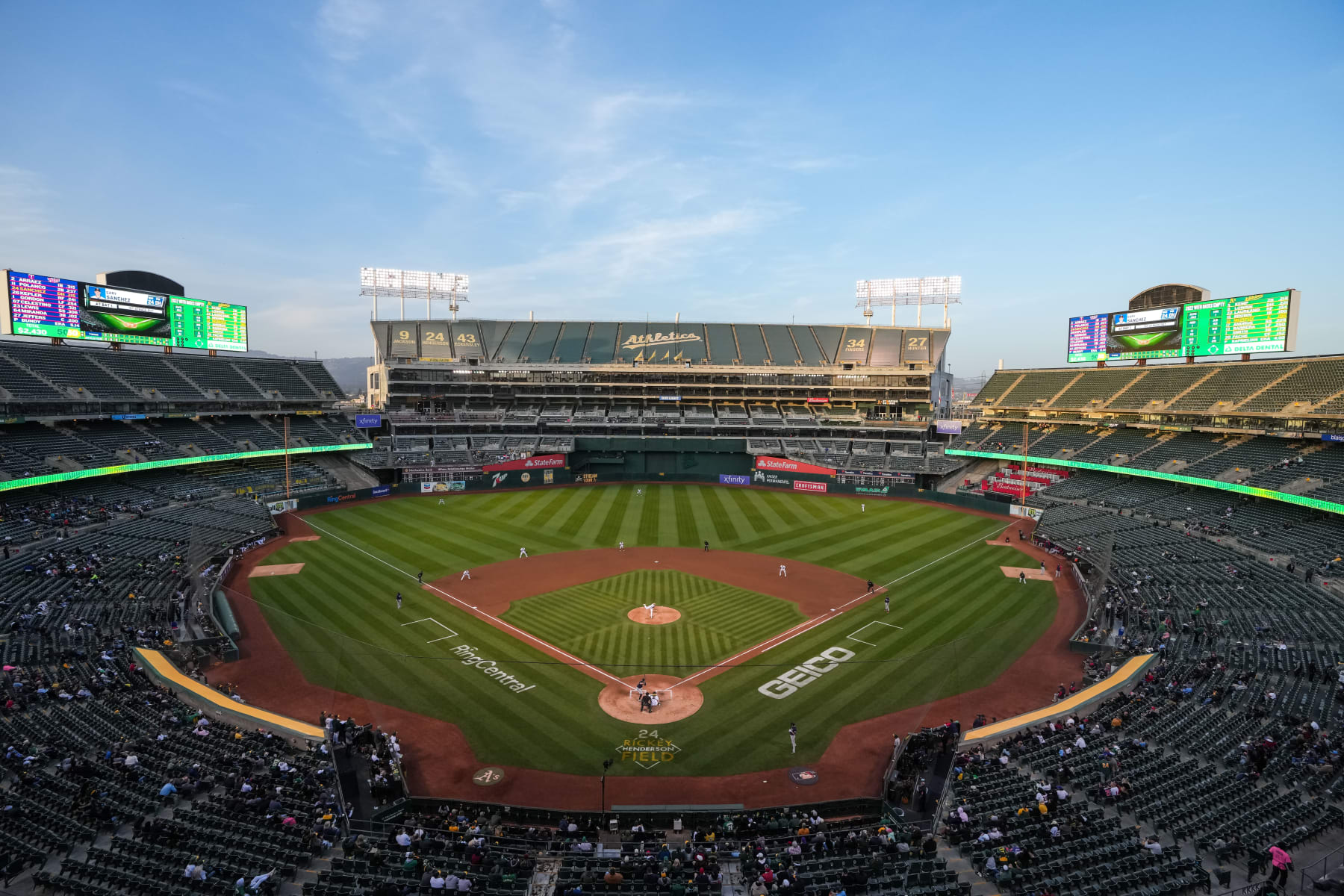 Oakland Coliseum, May 2022. Much of Mount Davis has a limited view of the field and is tarped off.