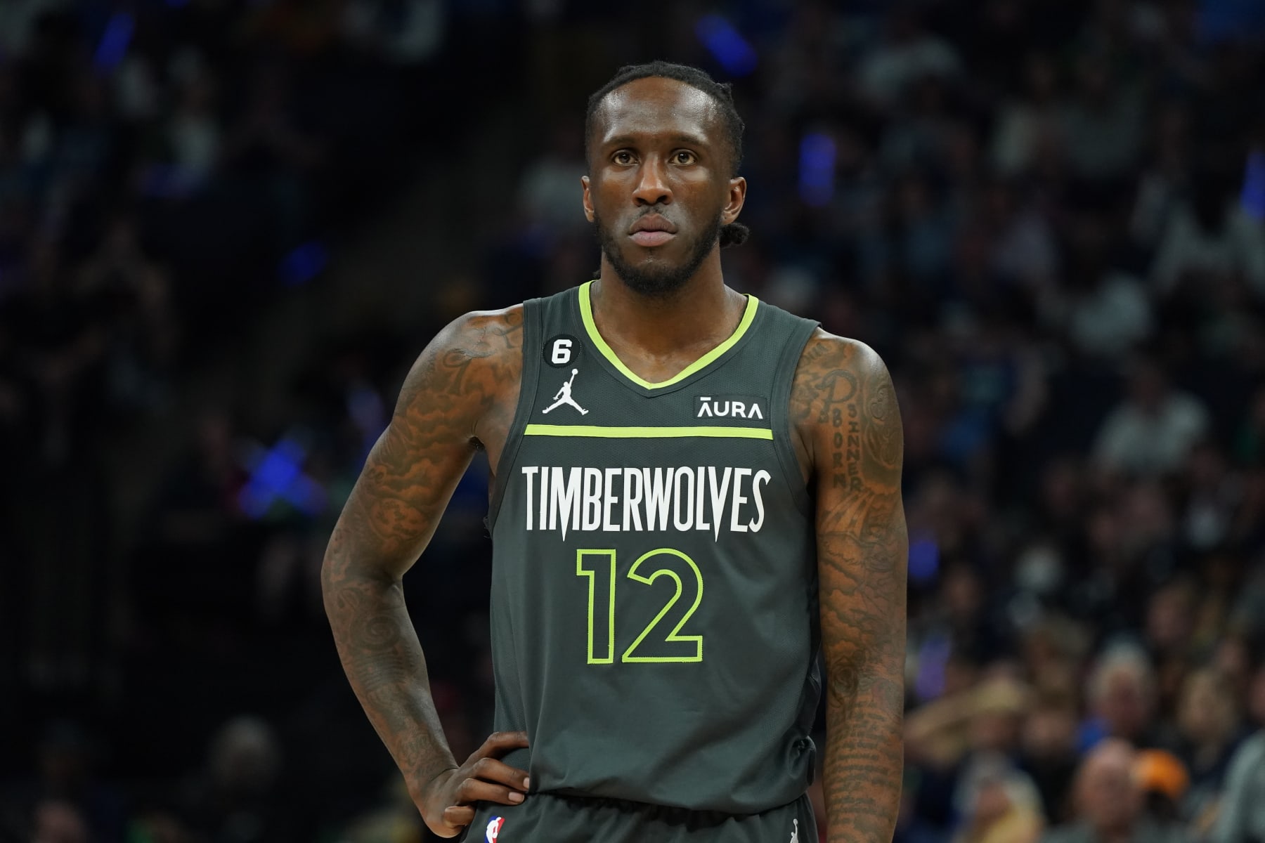 MINNEAPOLIS, MN -  APRIL 14: Taurean Prince #12 of the Minnesota Timberwolves looks on during the 2023 Play-In Tournament against the Oklahoma City Thunder on April 14, 2023 at Target Center in Minneapolis, Minnesota. NOTE TO USER: User expressly acknowledges and agrees that, by downloading and or using this Photograph, user is consenting to the terms and conditions of the Getty Images License Agreement. Mandatory Copyright Notice: Copyright 2023 NBAE (Photo by Jordan Johnson/NBAE via Getty Images)