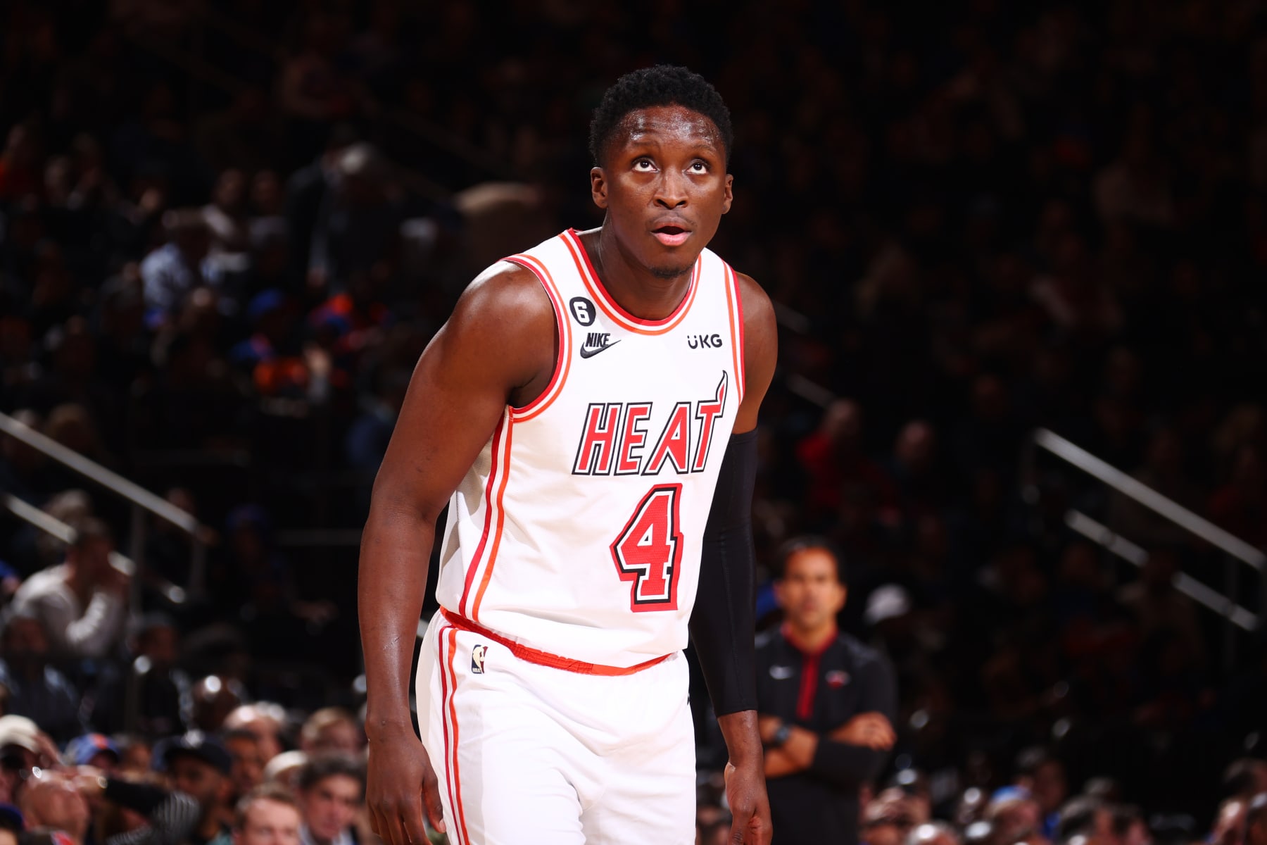 NEW YORK, NY - MARCH 29: Victor Oladipo #4 of the Miami Heat looks on during the game against the New York Knicks on March 29, 2023 at Madison Square Garden in New York City, New York.  NOTE TO USER: User expressly acknowledges and agrees that, by downloading and or using this photograph, User is consenting to the terms and conditions of the Getty Images License Agreement. Mandatory Copyright Notice: Copyright 2023 NBAE  (Photo by Nathaniel S. Butler/NBAE via Getty Images)