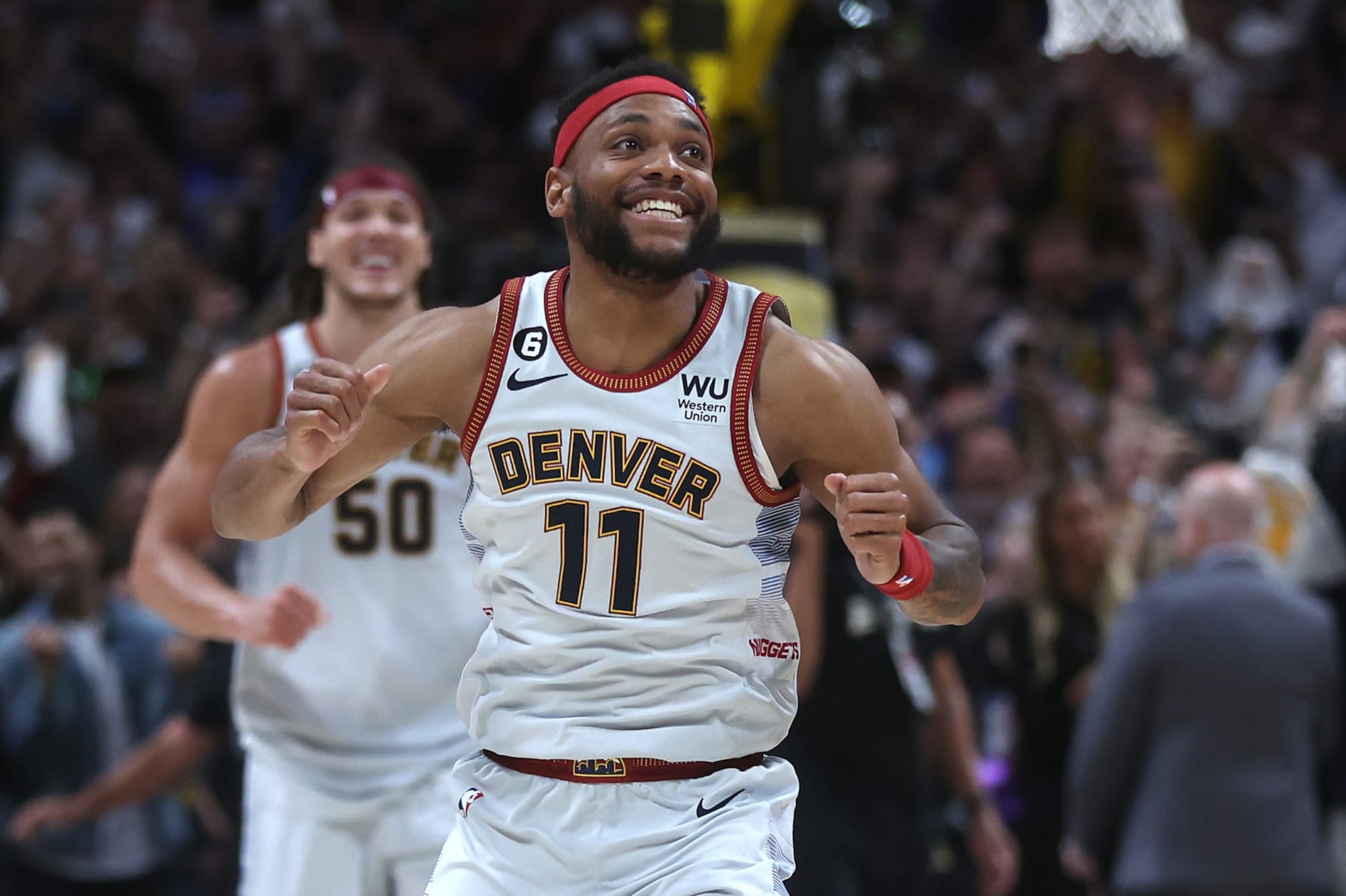 DENVER, COLORADO - JUNE 12: Bruce Brown #11 of the Denver Nuggets reacts after a 94-89 victory against the Miami Heat in Game Five of the 2023 NBA Finals at Ball Arena on June 12, 2023 in Denver, Colorado. NOTE TO USER: User expressly acknowledges and agrees that, by downloading and or using this photograph, User is consenting to the terms and conditions of the Getty Images License Agreement. (Photo by Matthew Stockman/Getty Images)