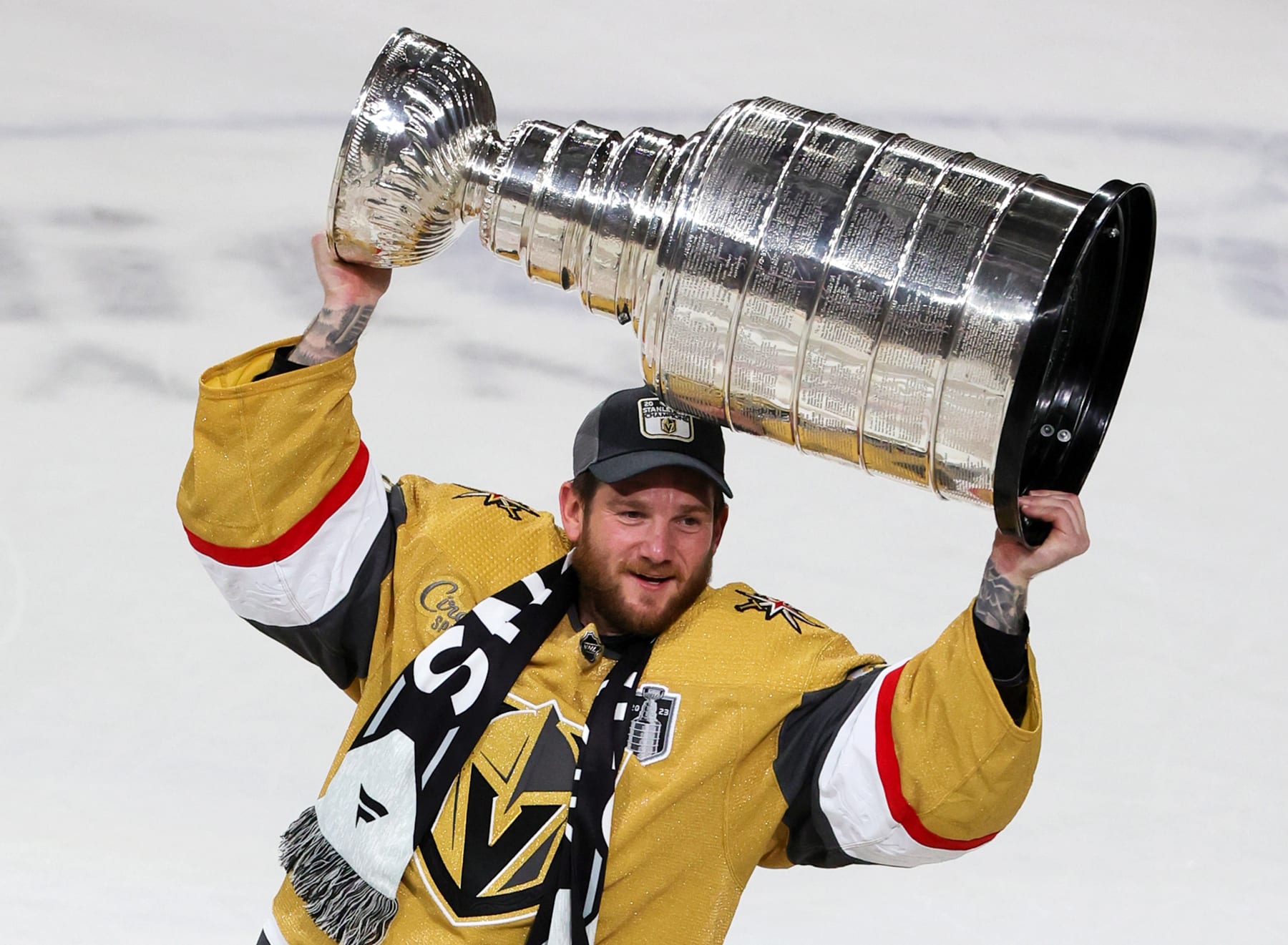 LAS VEGAS, NEVADA - JUNE 13: Jonathan Quick #32 of the Vegas Golden Knights hoists the Stanley Cup after the team's 9-3 victory over the Florida Panthers in Game Five of the 2023 NHL Stanley Cup Final at T-Mobile Arena on June 13, 2023 in Las Vegas, Nevada. The Golden Knights won the series four games to one. (Photo by Ethan Miller/Getty Images)
