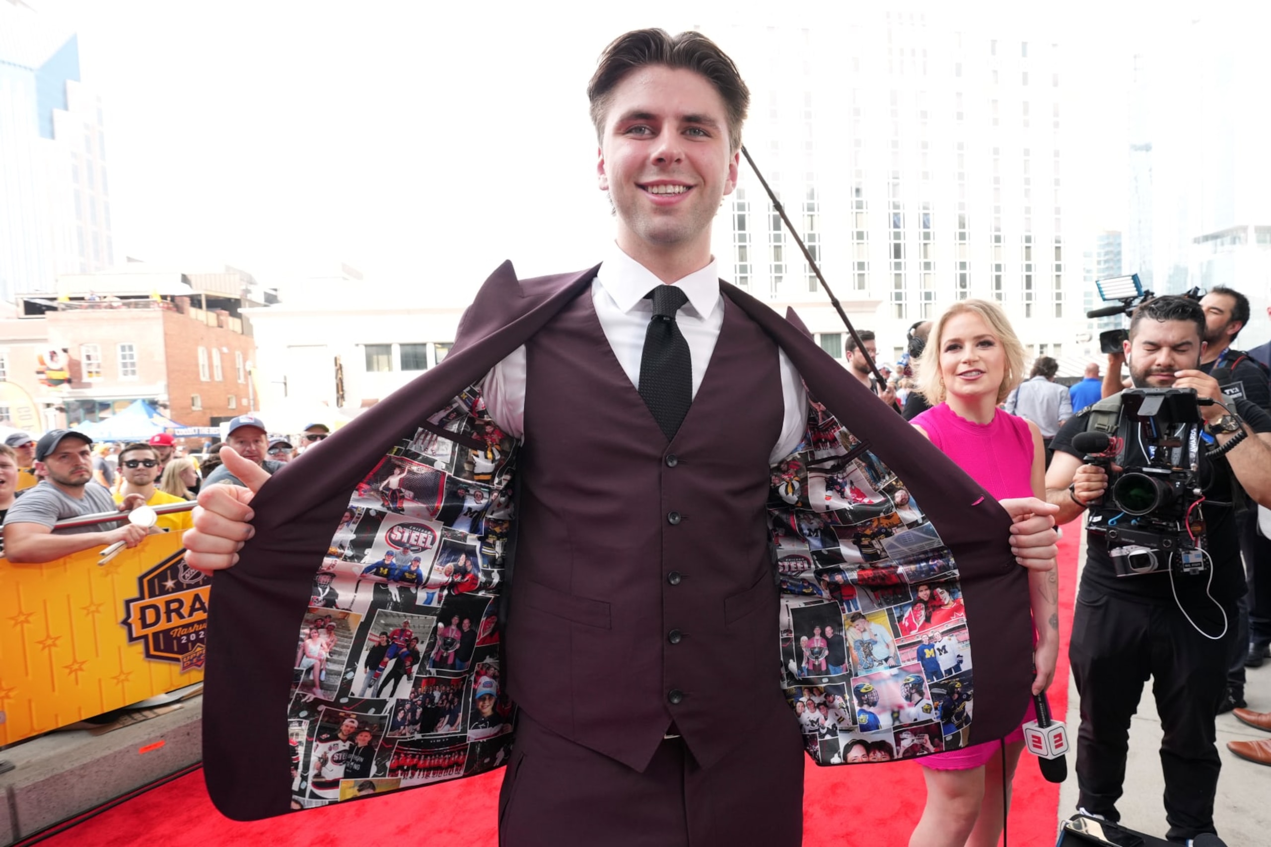 NASHVILLE, TENNESSEE - JUNE 28: Draft prospect Adam Fantilli poses for a photo as he arrives at the 2023 Upper Deck NHL Draft - Round One at Bridgestone Arena on June 28, 2023 in Nashville, Tennessee. (Photo by John Russell/NHLI via Getty Images)