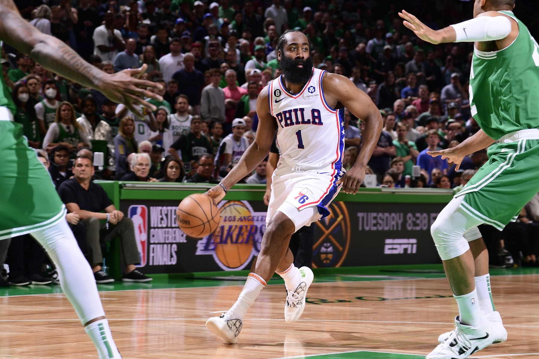 BOSTON, MA - MAY 14: James Harden #1 of the Philadelphia 76ers drives to the basket during the game against the Boston Celtics during the Eastern Conference Semi-Finals of the 2023 NBA Playoffs on May 14, 2023 at the TD Garden in Boston, Massachusetts. NOTE TO USER: User expressly acknowledges and agrees that, by downloading and or using this photograph, User is consenting to the terms and conditions of the Getty Images License Agreement. Mandatory Copyright Notice: Copyright 2023 NBAE  (Photo by Brian Babineau/NBAE via Getty Images)