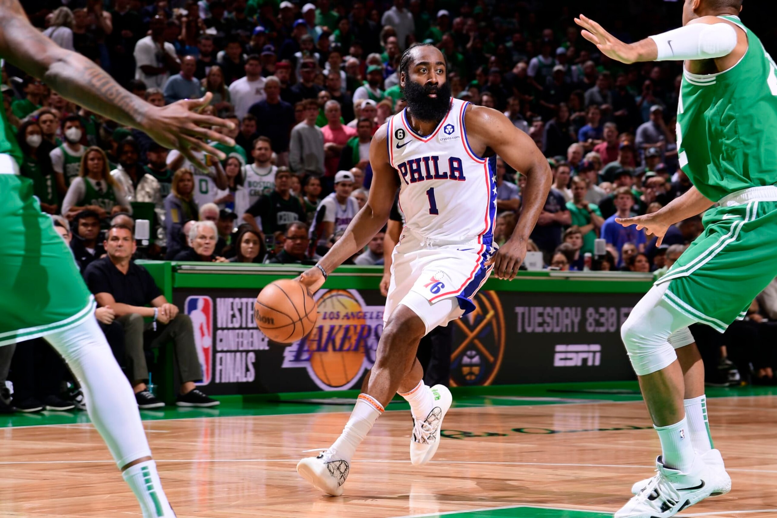 BOSTON, MA - MAY 14: James Harden #1 of the Philadelphia 76ers drives to the basket during the game against the Boston Celtics during the Eastern Conference Semi-Finals of the 2023 NBA Playoffs on May 14, 2023 at the TD Garden in Boston, Massachusetts. NOTE TO USER: User expressly acknowledges and agrees that, by downloading and or using this photograph, User is consenting to the terms and conditions of the Getty Images License Agreement. Mandatory Copyright Notice: Copyright 2023 NBAE  (Photo by Brian Babineau/NBAE via Getty Images)