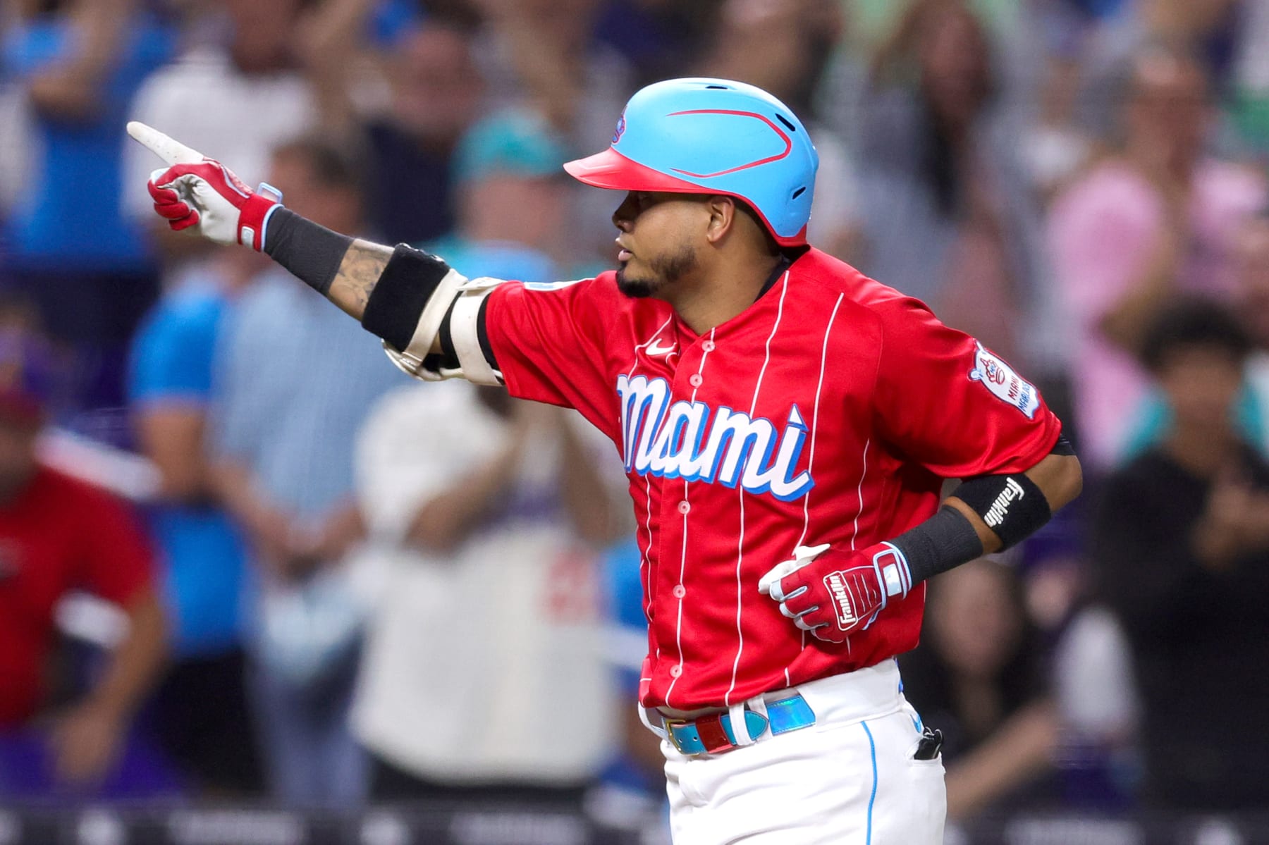 MIAMI, FLORIDA - JUNE 24: Luis Arraez #3 of the Miami Marlins rounds the bases after hitting a home run against the Pittsburgh Pirates during the fifth inning at loanDepot park on June 24, 2023 in Miami, Florida. (Photo by Megan Briggs/Getty Images)