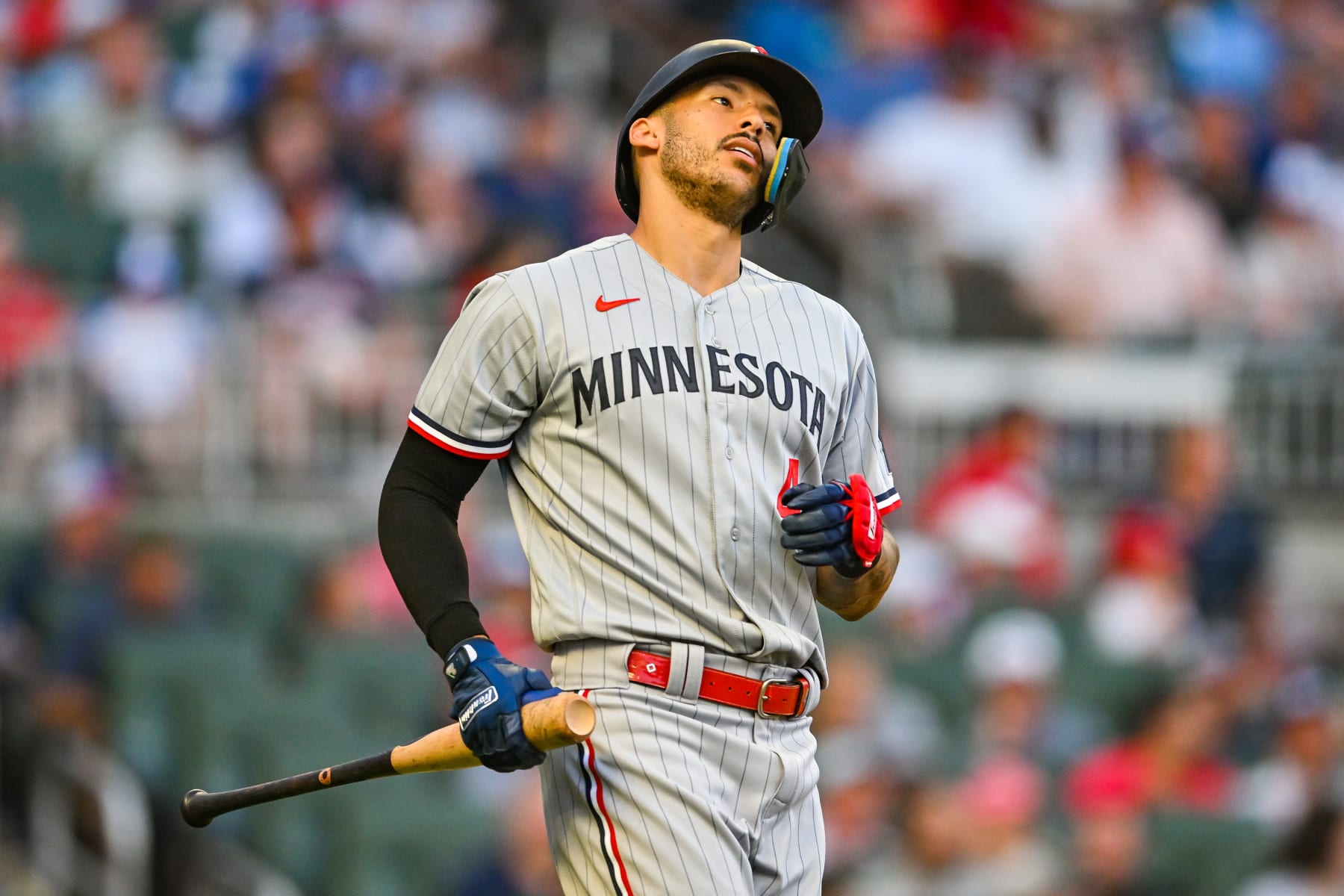ATLANTA, GA  JUNE 27:  Minnesota shortstop Carlos Correa (4) reacts after his line drive was caught during the MLB game between the Minnesota Twins and the Atlanta Braves on June 27th, 2023 at Truist Park in Atlanta, GA. (Photo by Rich von Biberstein/Icon Sportswire via Getty Images)
