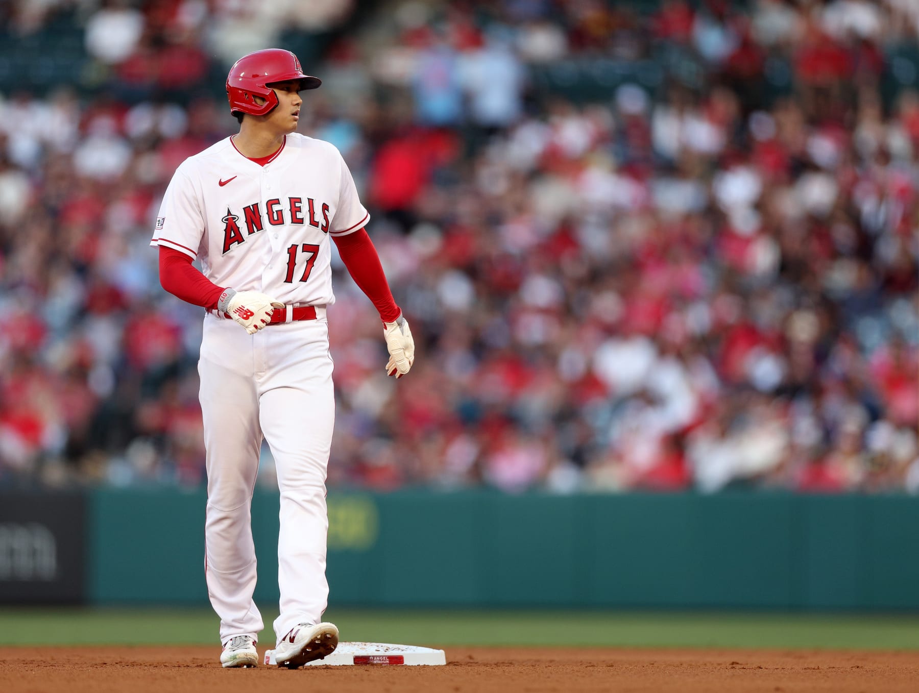 ANAHEIM, CALIFORNIA - JUNE 27: Shohei Ohtani #17 of the Los Angeles Angels waits on base during the fifth inning against the Chicago White Sox at Angel Stadium of Anaheim on June 27, 2023 in Anaheim, California. (Photo by Harry How/Getty Images)