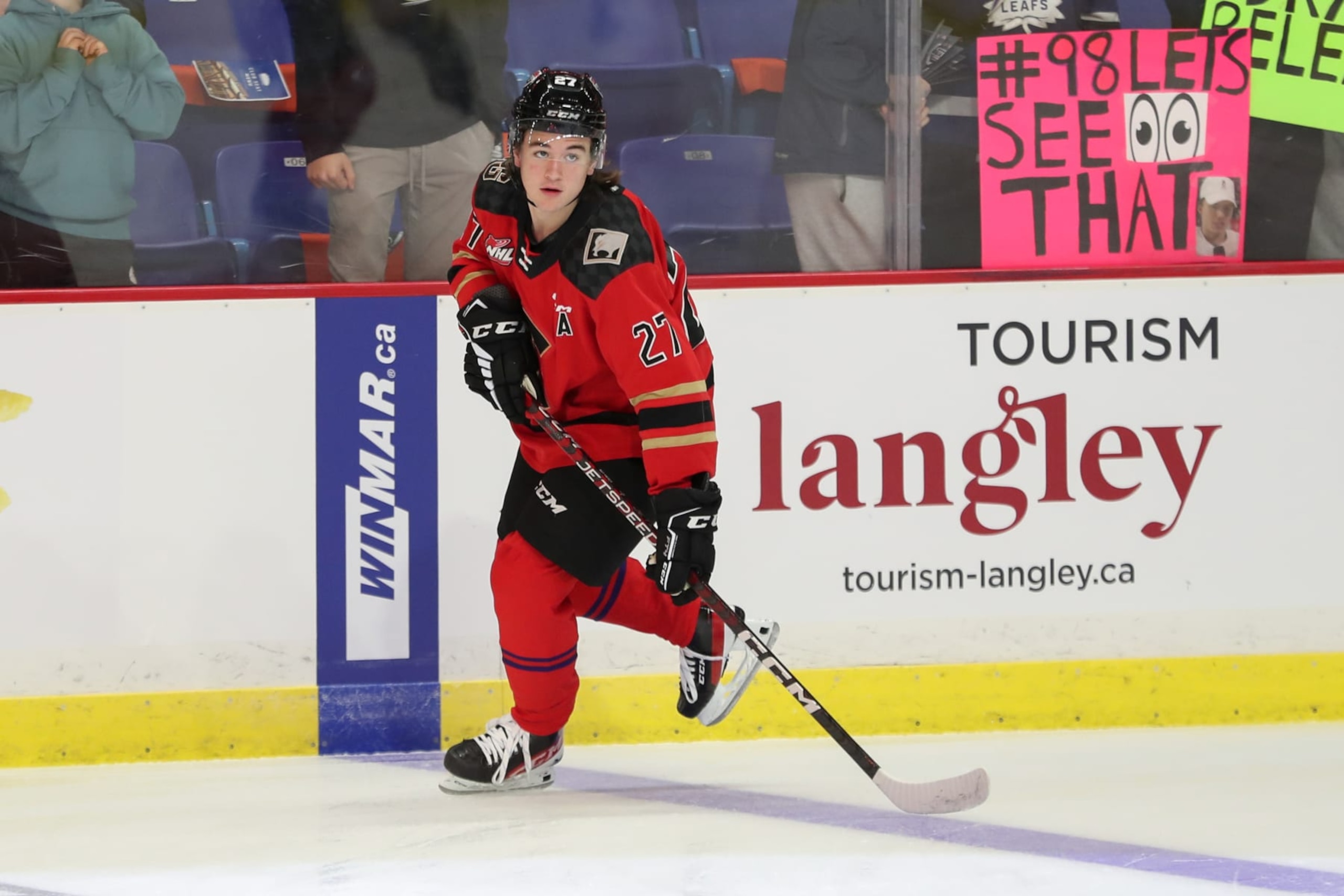 LANGLEY, BRITISH COLUMBIA - JANUARY 25: Forward Riley Heidt #27 of the Prince George Cougars skates for Team Red during the 2023 Kubota CHL Top Prospects Game at the Langley Events Centre on January 25, 2023 in Langley, British Columbia. (Photo by Dennis Pajot/Getty Images)