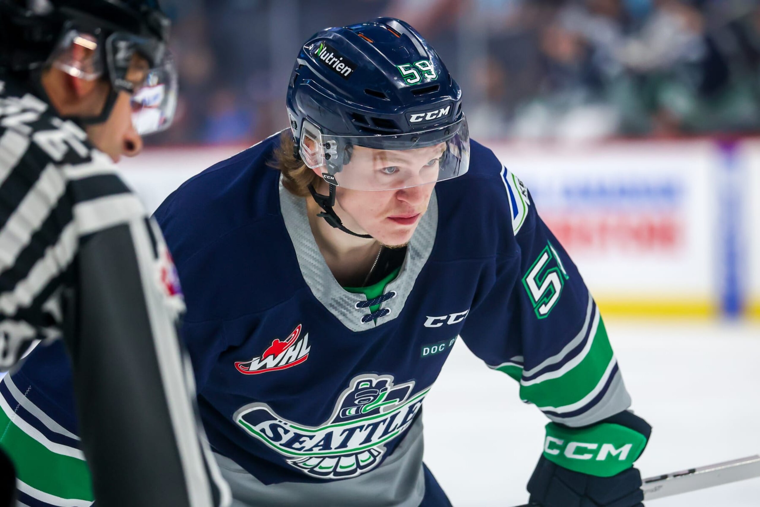 WINNIPEG, CANADA - MAY 12: Gracyn Sawchyn #59 of the Seattle Thunderbirds prepares for a first period face-off against the Winnipeg ICE in Game One of the 2023 WHL Championship Series at Canada Life Centre on May 12, 2023 in Winnipeg, Manitoba, Canada. (Photo by Jonathan Kozub/Getty Images)