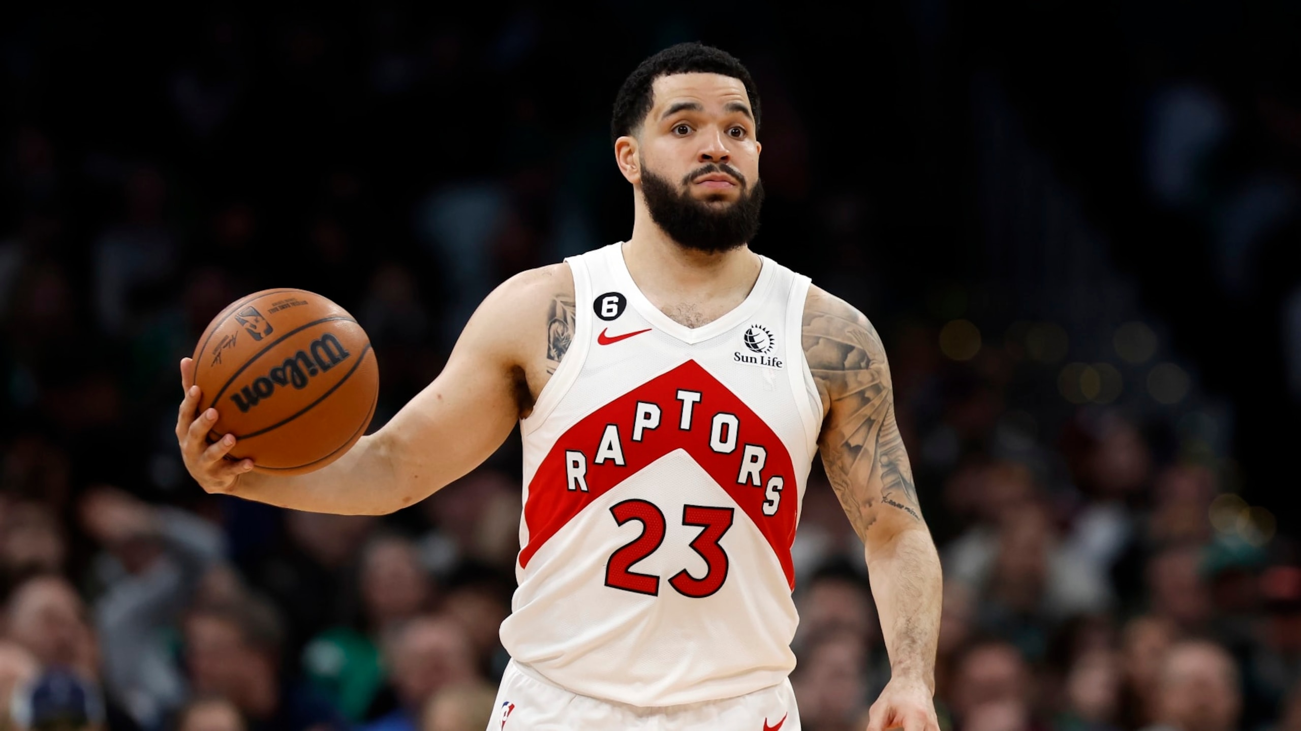 Toronto Raptors' Fred VanVleet plays against the Boston Celtics during the second half of an NBA basketball game, Friday, April 7, 2023, in Boston. (AP Photo/Michael Dwyer)