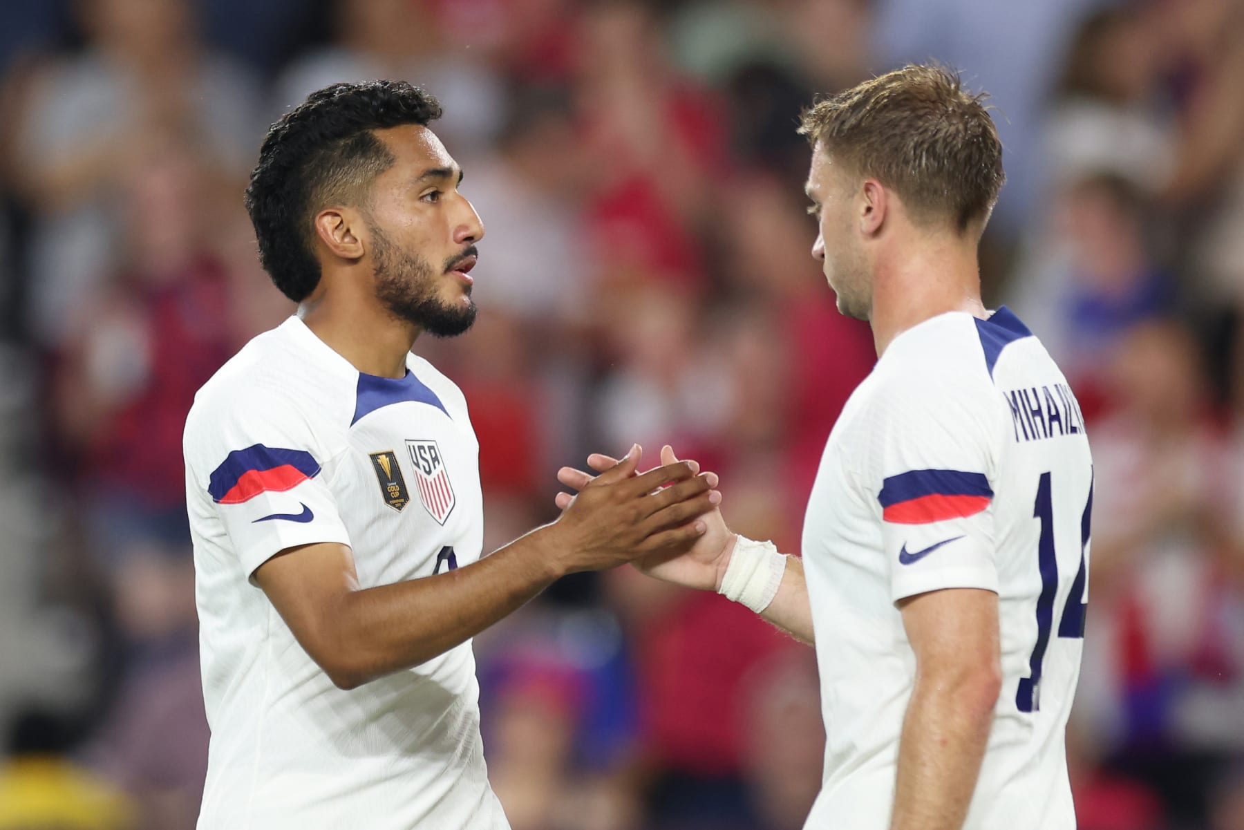 ST LOUIS, MISSOURI - JUNE 28: Jesús Ferreira #9 of the United States celebrates scoring with Djordje Mihailovic #14 during the second half of a Group A match of the 2023 CONCACAF Gold Cup  against Saint Kitts and Nevis at CITYPARK on June 28, 2023 in St Louis, Missouri. (Photo by John Dorton/USSF/Getty Images for USSF)