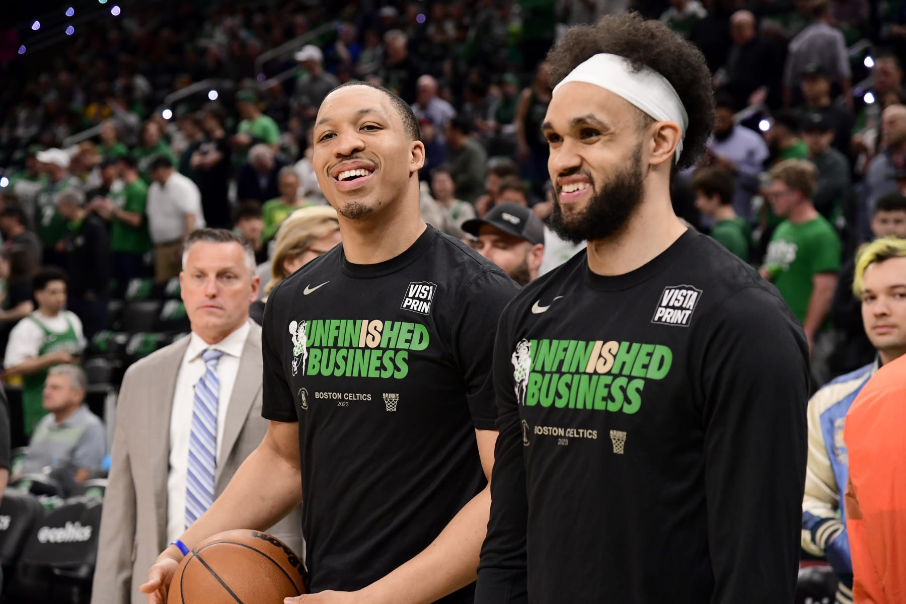 BOSTON, MA - MAY 19: Grant Williams #12 and Derrick White #9 of the Boston Celtics look on before Game 2 of the 2023 NBA Playoffs Eastern Conference Finals against the Miami Heat on May 19, 2023 at the TD Garden in Boston, Massachusetts. NOTE TO USER: User expressly acknowledges and agrees that, by downloading and or using this photograph, User is consenting to the terms and conditions of the Getty Images License Agreement. Mandatory Copyright Notice: Copyright 2023 NBAE  (Photo by Brian Babineau/NBAE via Getty Images)