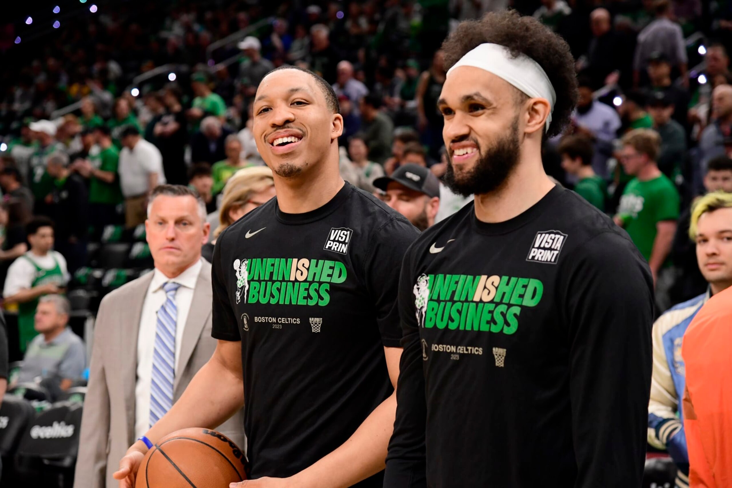 BOSTON, MA - MAY 19: Grant Williams #12 and Derrick White #9 of the Boston Celtics look on before Game 2 of the 2023 NBA Playoffs Eastern Conference Finals against the Miami Heat on May 19, 2023 at the TD Garden in Boston, Massachusetts. NOTE TO USER: User expressly acknowledges and agrees that, by downloading and or using this photograph, User is consenting to the terms and conditions of the Getty Images License Agreement. Mandatory Copyright Notice: Copyright 2023 NBAE  (Photo by Brian Babineau/NBAE via Getty Images)