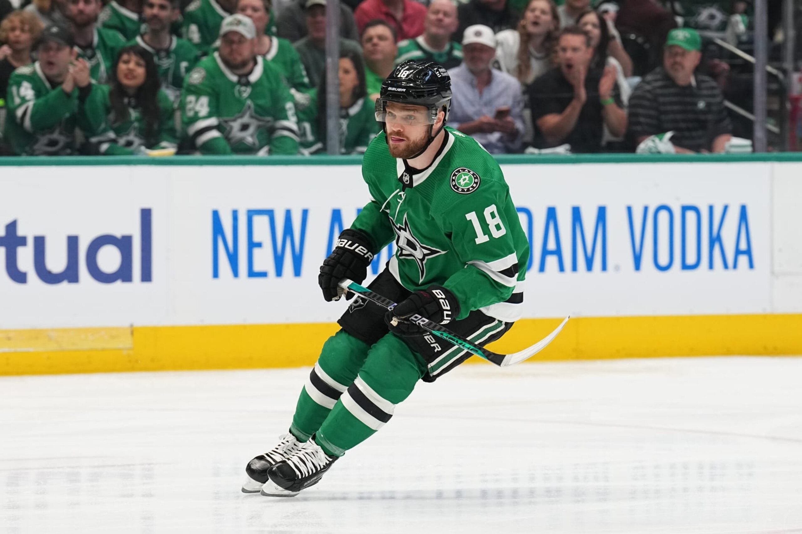 DALLAS, TX - MAY 29: Max Domi #18 of the Dallas Stars skates against the Vegas Golden Knights in Game Six of the Conference Final of the 2023 Stanley Cup Playoffs at the American Airlines Center on May 29, 2023 in Dallas, Texas. (Photo by Glenn James/NHLI via Getty Images)