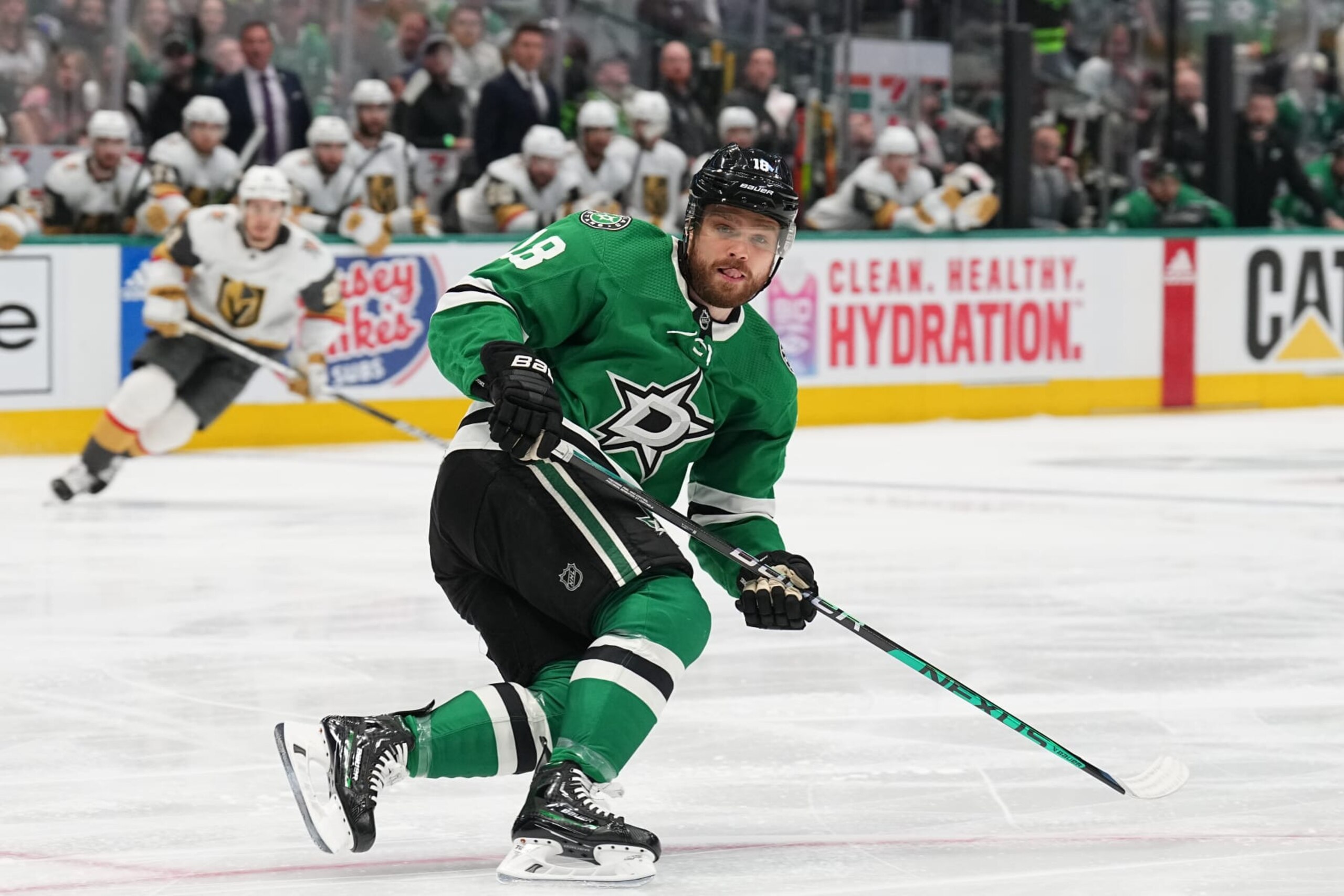 DALLAS, TX - MAY 29: Max Domi #18 of the Dallas Stars skates against the Vegas Golden Knights in Game Six of the Conference Final of the 2023 Stanley Cup Playoffs at the American Airlines Center on May 29, 2023 in Dallas, Texas. (Photo by Glenn James/NHLI via Getty Images)