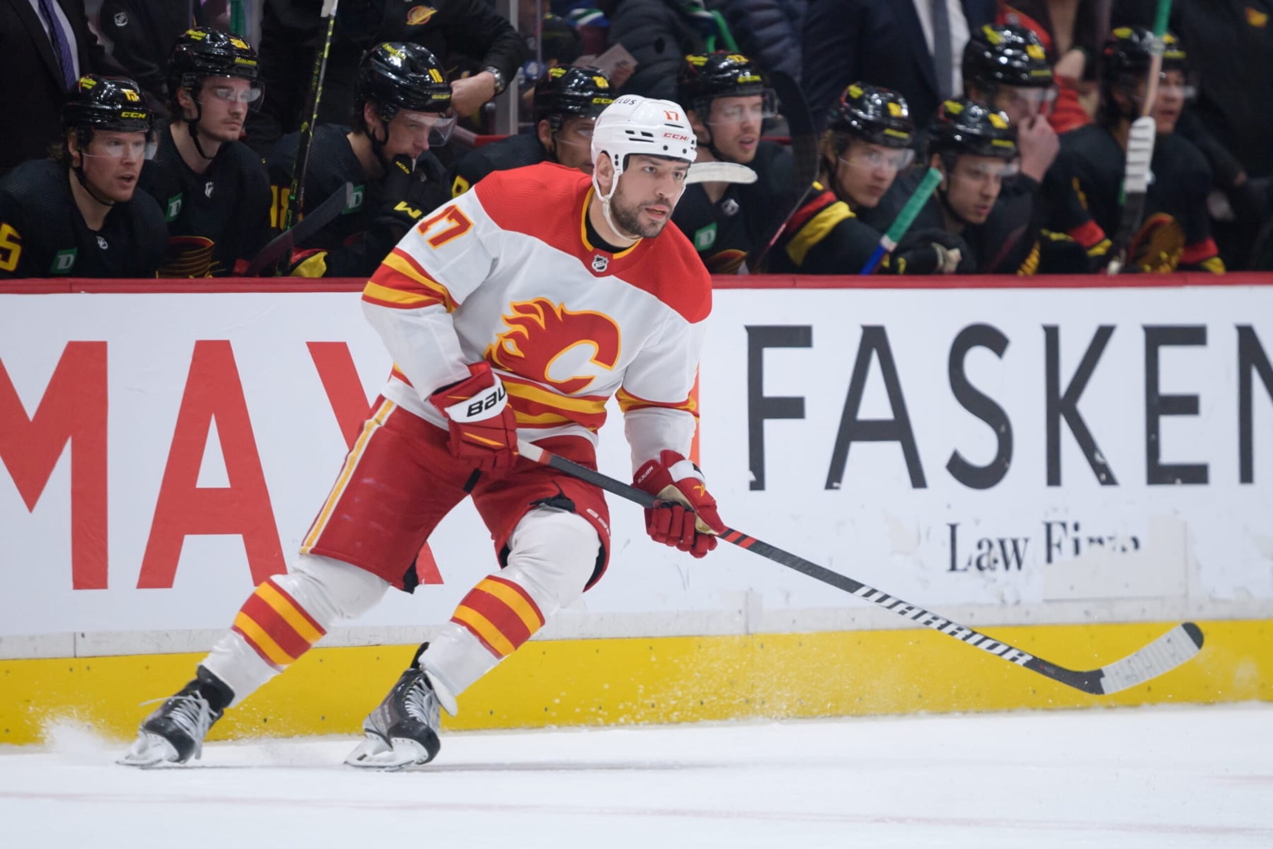 VANCOUVER, CANADA - APRIL 8: Milan Lucic #17 of the Calgary Flames skates up ice during the third period of their NHL game against the Vancouver Canucks at Rogers Arena on April 8, 2023 in Vancouver, British Columbia, Canada. (Photo by Derek Cain/Getty Images)