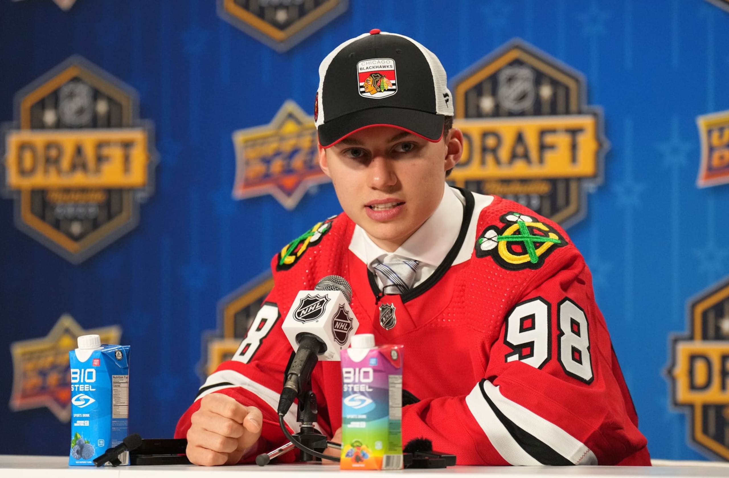NASHVILLE, TENNESSEE - JUNE 28: Connor Bedard speaks during an interview after being selected first overall by the Chicago Blackhawks during the 2023 Upper Deck NHL Draft - Round One at Bridgestone Arena on June 28, 2023 in Nashville, Tennessee. (Photo by John Russell/NHLI via Getty Images)