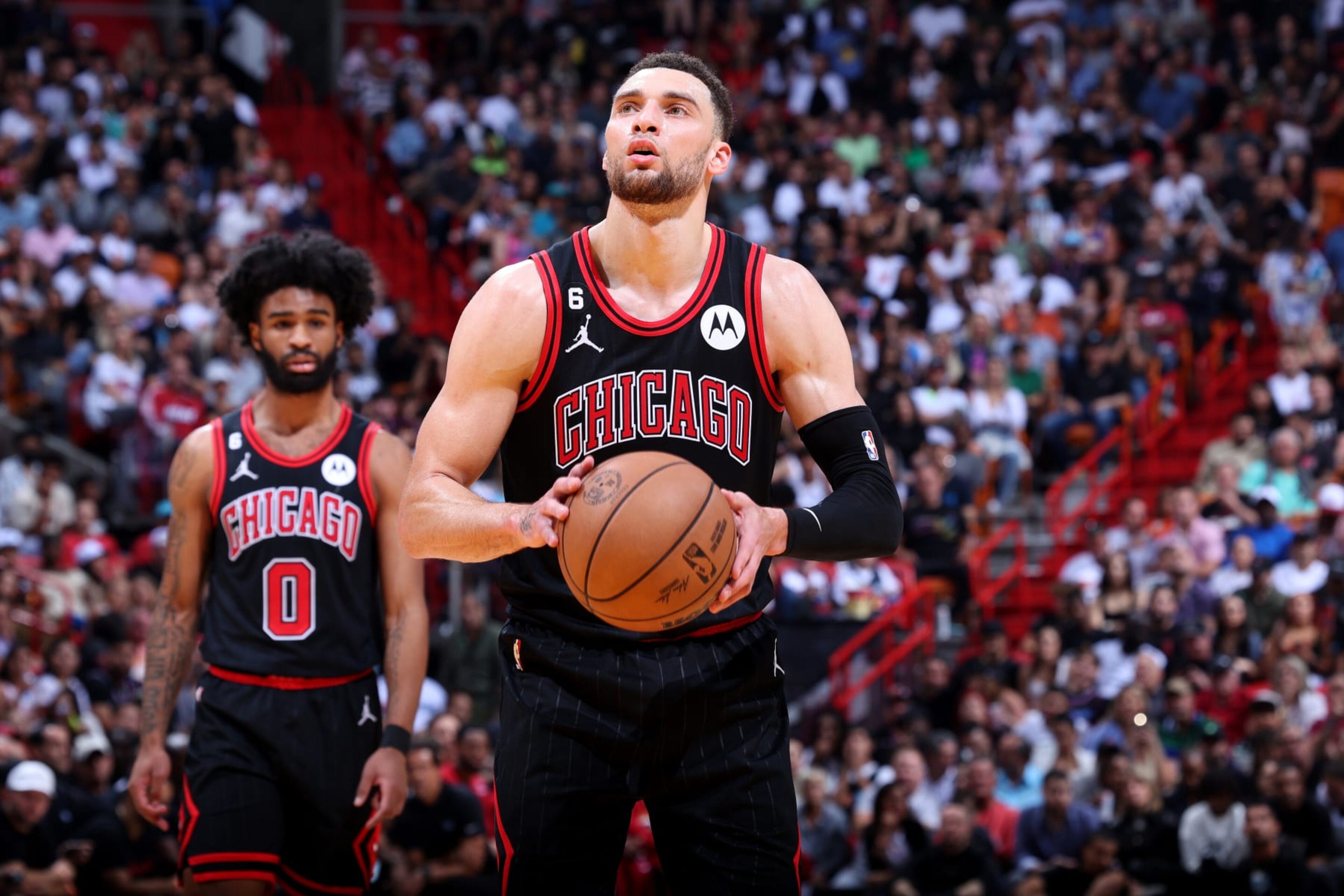 MIAMI, FL - APRIL 14: Zach LaVine #8 of the Chicago Bulls shoots a free throw during the game against the Miami Heat During the 2023 Play-in Tournament on April 14, 2023 at Kaseya Center in Miami, Florida. NOTE TO USER: User expressly acknowledges and agrees that, by downloading and or using this photograph, User is consenting to the terms and conditions of the Getty Images License Agreement. Mandatory Copyright Notice: Copyright 2023 NBAE (Photo by Jeff Haynes/NBAE via Getty Images)