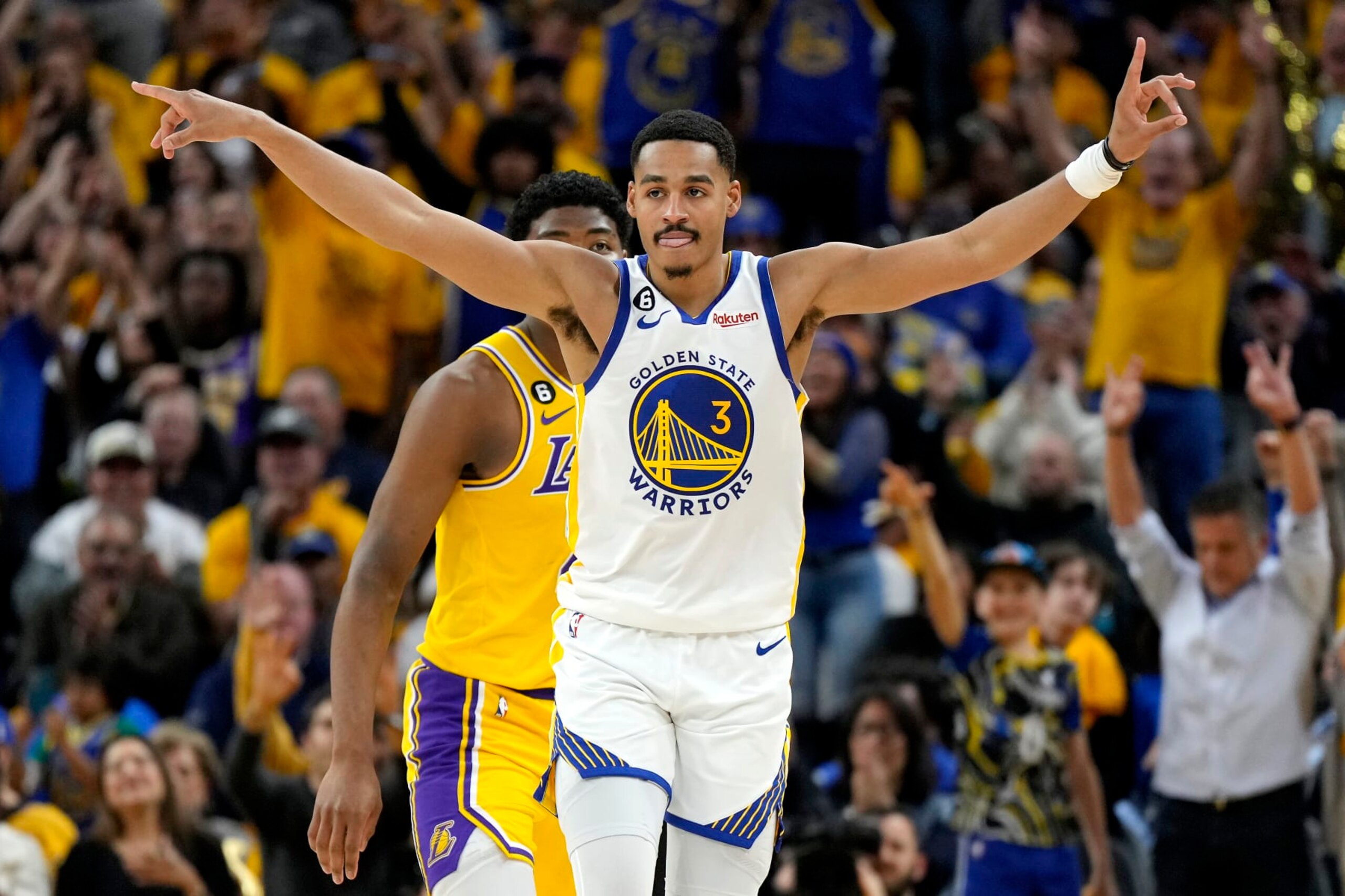 SAN FRANCISCO, CALIFORNIA - MAY 10: Jordan Poole #3 of the Golden State Warriors reacts after a three point basket during the second quarter against the Los Angeles Lakers in game five of the Western Conference Semifinal Playoffs at Chase Center on May 10, 2023 in San Francisco, California. NOTE TO USER: User expressly acknowledges and agrees that, by downloading and or using this photograph, User is consenting to the terms and conditions of the Getty Images License Agreement. (Photo by Thearon W. Henderson/Getty Images)