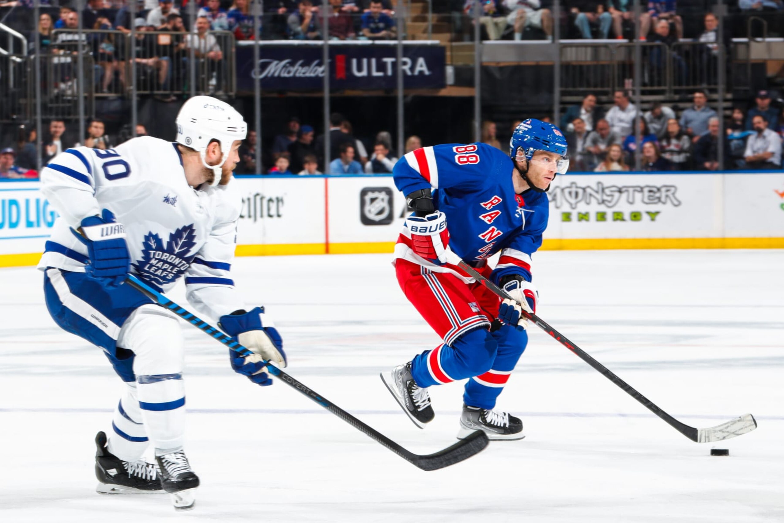 Toronto Maple Leafs center Ryan O'Reilly (left) and New York Rangers winger Patrick Kane. 