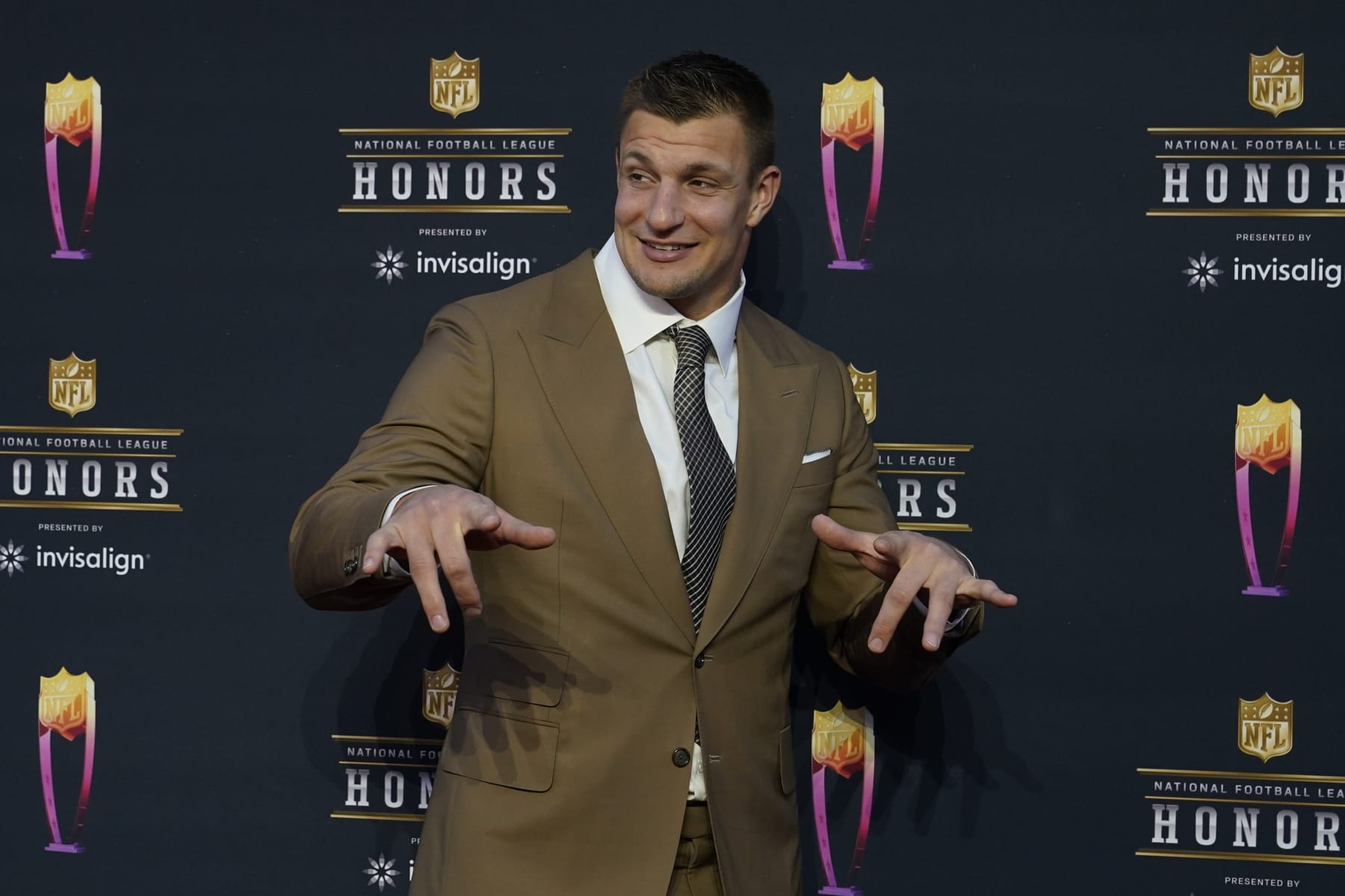 Rob Gronkowski arrives for the NFL Honors show Thursday, Feb. 10, 2022, in Inglewood, Calif. (AP Photo/Marcio Jose Sanchez)