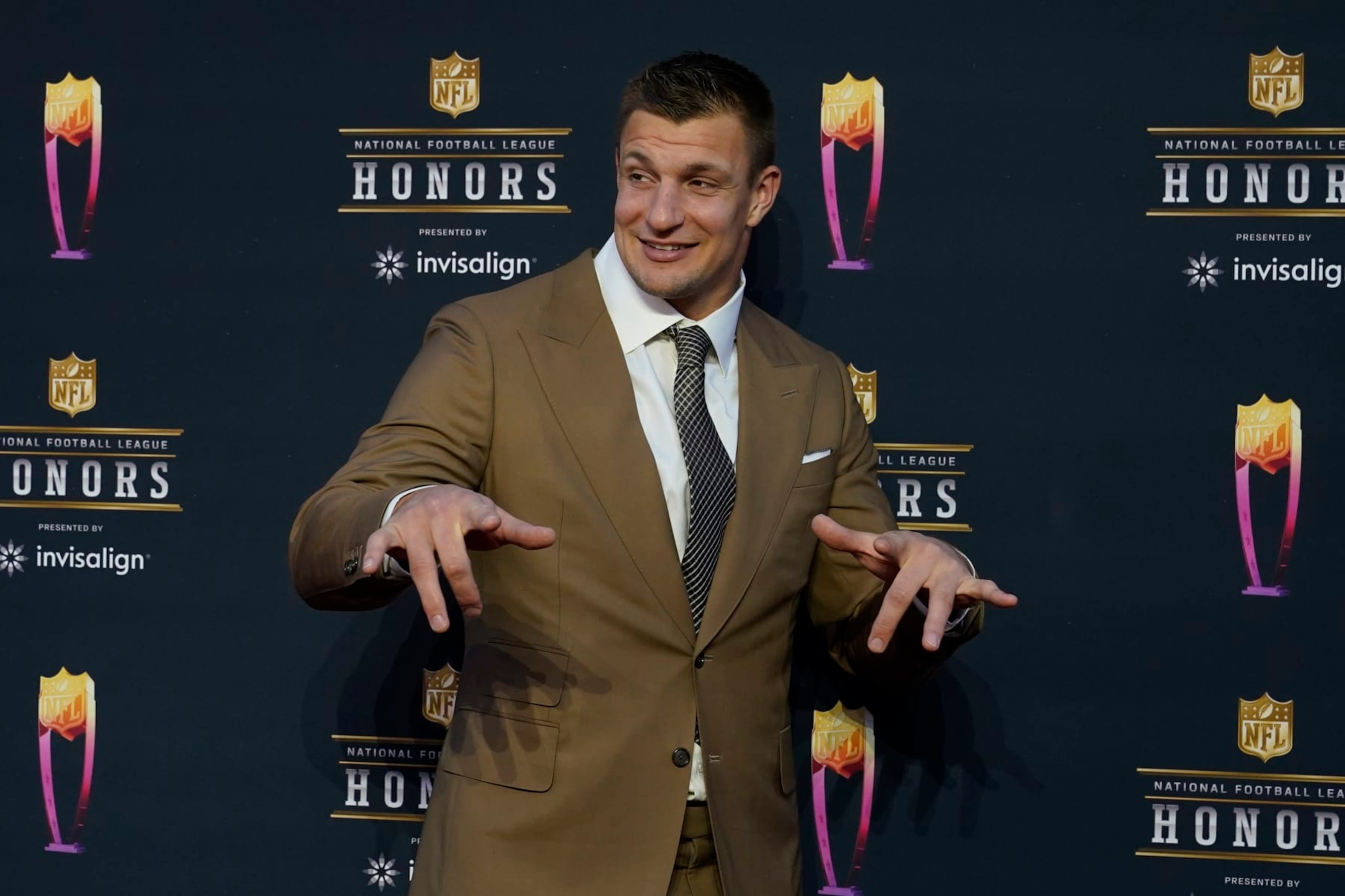 Rob Gronkowski arrives for the NFL Honors show Thursday, Feb. 10, 2022, in Inglewood, Calif. (AP Photo/Marcio Jose Sanchez)