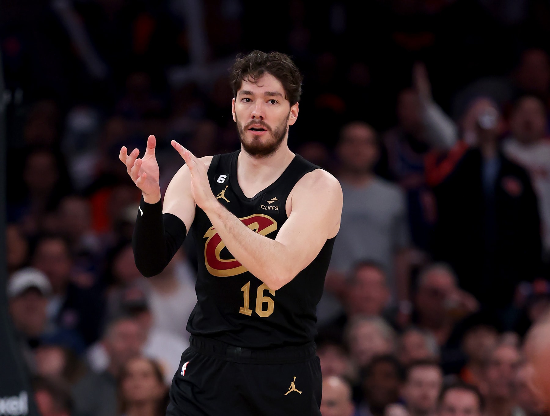 NEW YORK, NEW YORK - APRIL 23: Cedi Osman #16 of the Cleveland Cavaliers reacts during Game Four of the Eastern Conference First Round Playoffs against the New York Knicks at Madison Square Garden on April 23, 2023 in New York City. NOTE TO USER: User expressly acknowledges and agrees that, by downloading and or using this photograph, User is consenting to the terms and conditions of the Getty Images License Agreement. (Photo by Elsa/Getty Images)