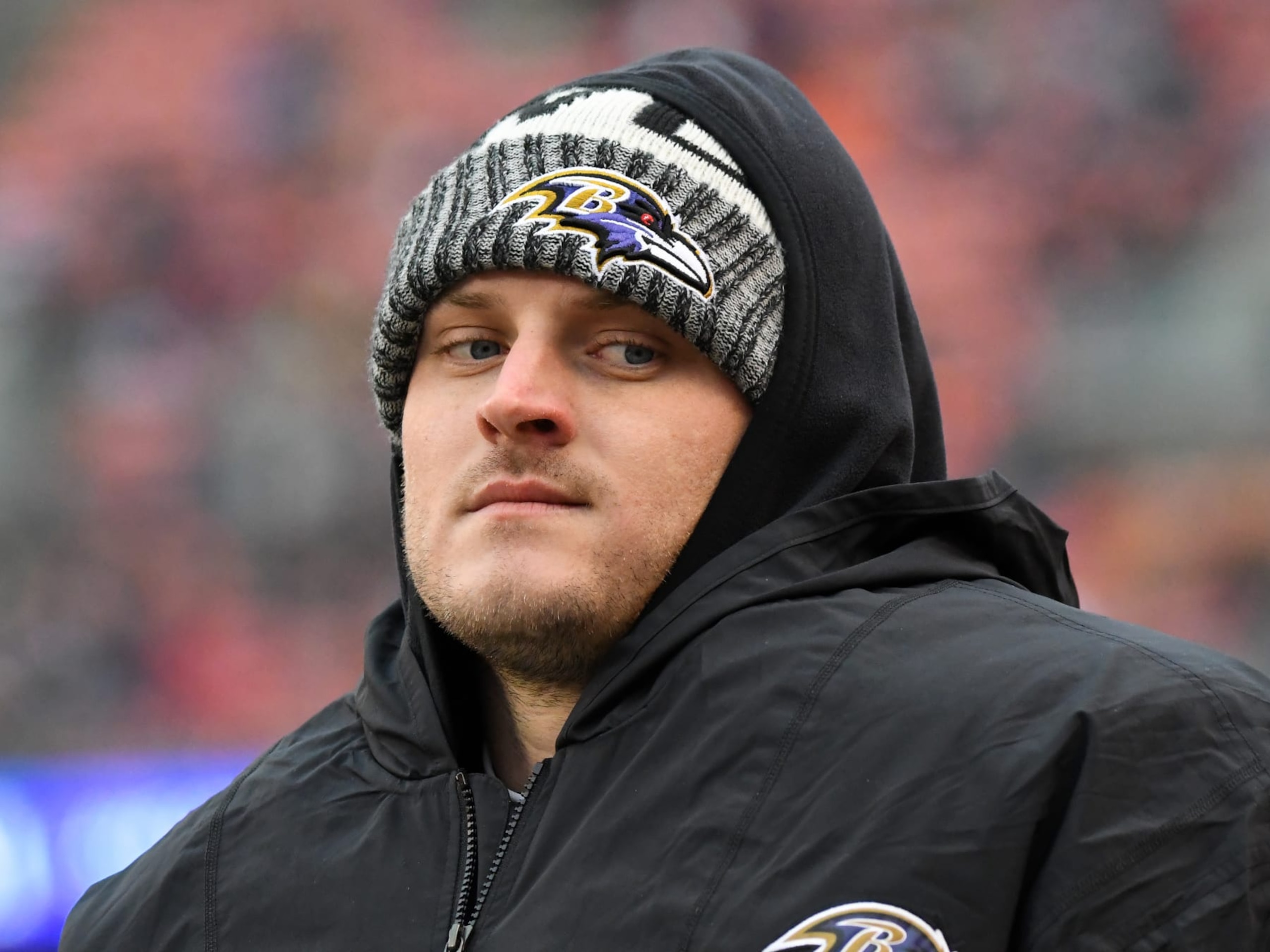 CLEVELAND, OH - DECEMBER 17, 2017: Quarterback Ryan Mallett #15 of the Baltimore Ravens watches the action from the sideline in the third quarter of a game on December 17, 2017 against the Cleveland Browns at FirstEnergy Stadium in Cleveland, Ohio. Baltimore won 27-10. (Photo by: 2017 Nick Cammett/Diamond Images/Getty Images)  