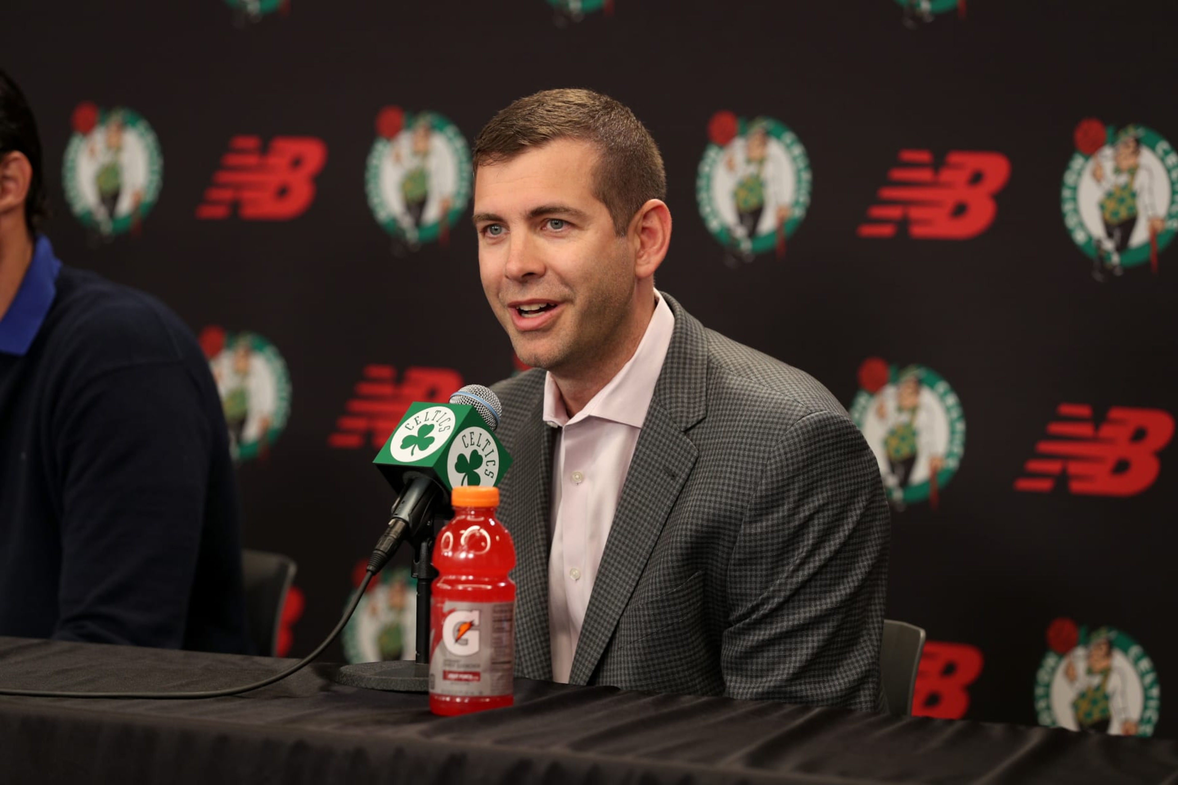 BOSTON, MA - JULY 12: Boston Celtics president Brad Stevens addresses the media during a press conference introducing new players Malcolm Brogdon and Danilo Gallinari on July 12, 2022 at the Auerbach Center in Boston, Massachusetts.  NOTE TO USER: User expressly acknowledges and agrees that, by downloading and or using this photograph, User is consenting to the terms and conditions of the Getty Images License Agreement. Mandatory Copyright Notice: Copyright 2022 NBAE  (Photo by Chris Marion/NBAE via Getty Images)