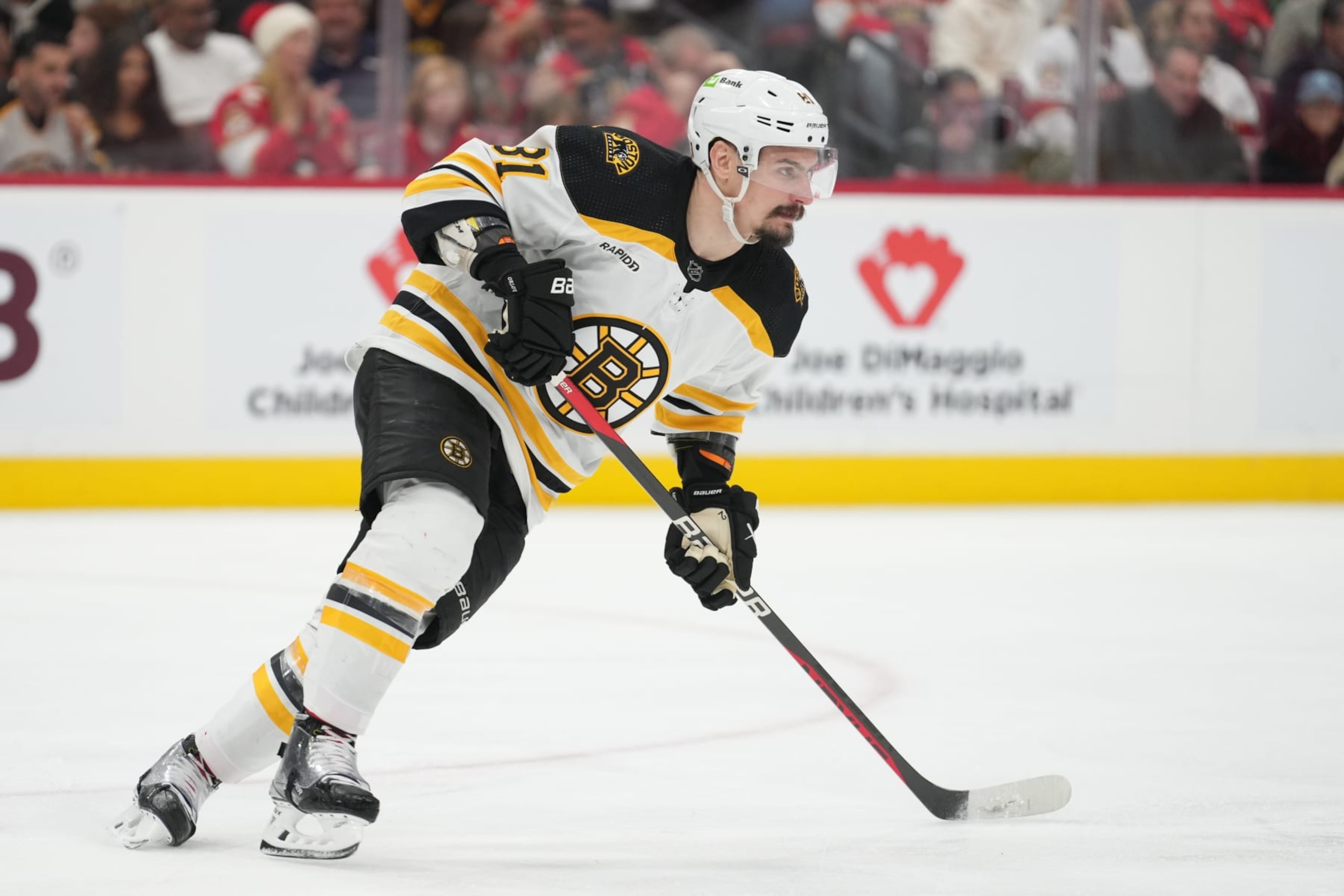 SUNRISE, FL - APRIL 23: Boston Bruins defenseman Dmitry Orlov (81) adjusts from defense to offense during game six of  the first round of the Eastern Conference Playoffs between the Boston Bruins and the Florida Panthers on Friday, April 28, 2023 at FLA Live Arena in Sunrise, Fla  (Photo by Peter Joneleit/Icon Sportswire via Getty Images)