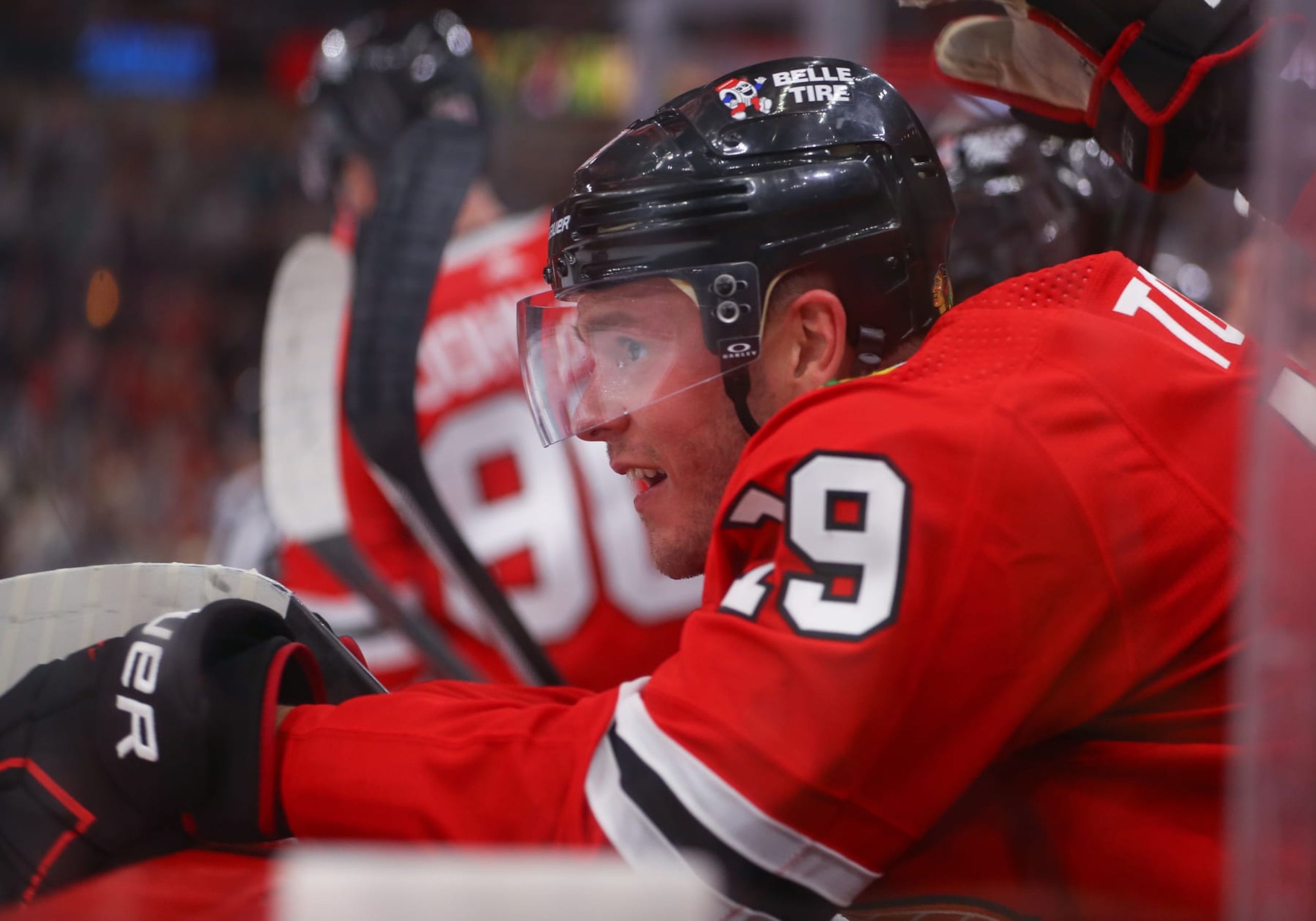 CHICAGO, IL - APRIL 13: Chicago Blackhawks center Jonathan Toews (19) looks on from the bench after a game between the Philadelphia Flyers and the Chicago Blackhawks on April 13, 2023 at the United Center in Chicago, IL. (Photo by Melissa Tamez/Icon Sportswire via Getty Images)