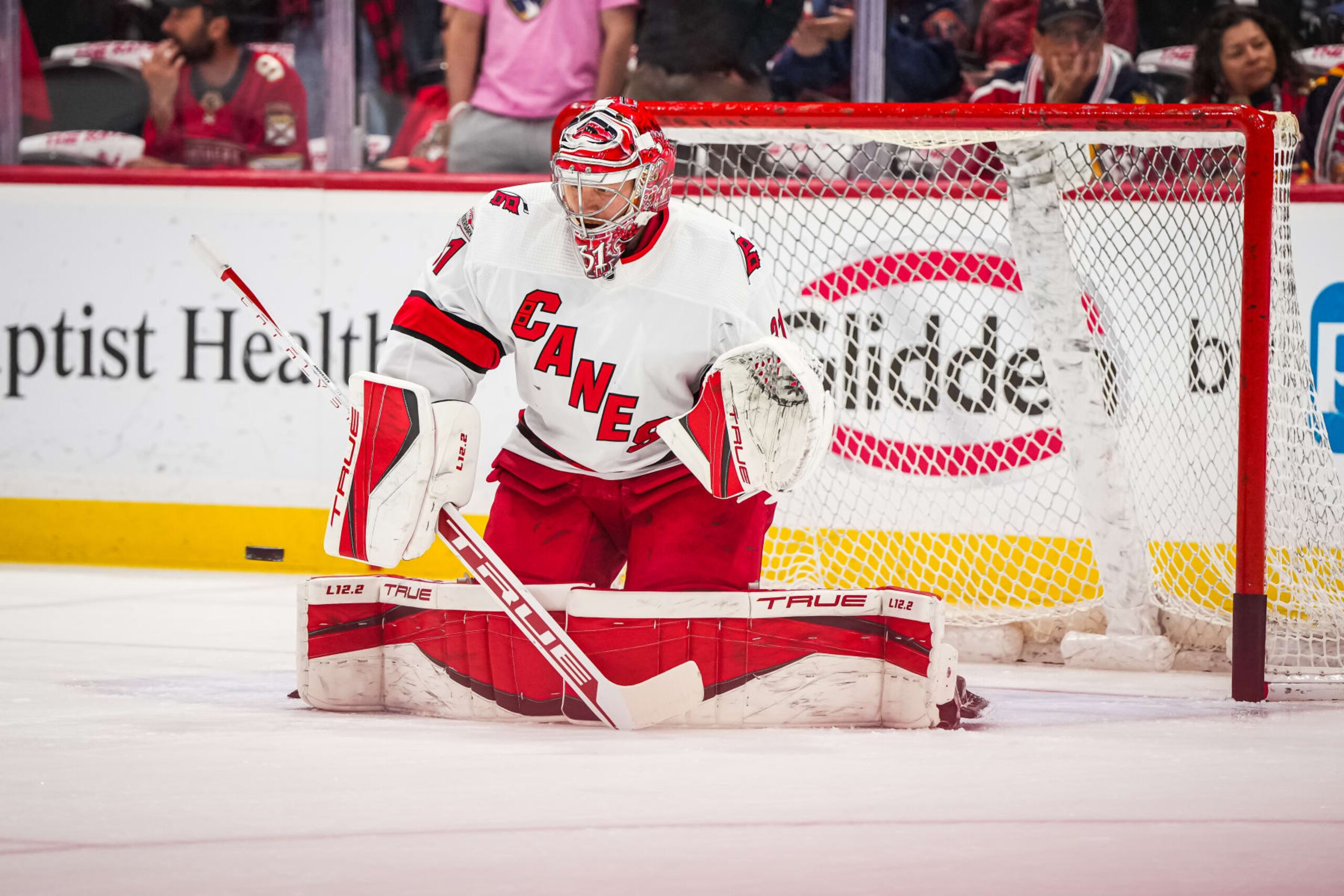 SUNRISE, FLORIDA - MAY 24: Frederik Andersen #31 of the Carolina Hurricanes warms up prior to Game Four of the Eastern Conference Final of the 2023 Stanley Cup Playoffs against the Florida Panthers at FLA Live Arena on May 24, 2023 in Sunrise, Florida. (Photo by Josh Lavallee/NHLI via Getty Images)