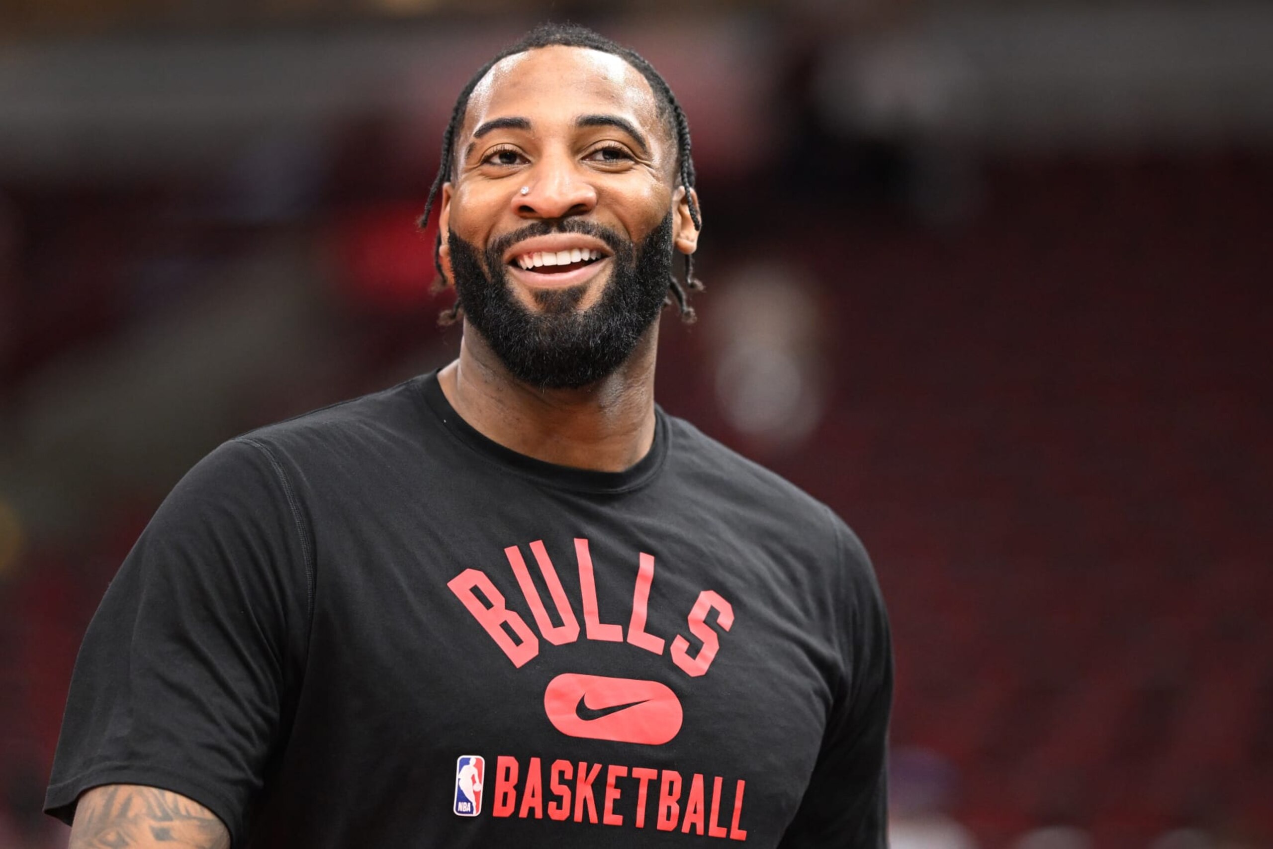 CHICAGO, ILLINOIS - APRIL 09: Andre Drummond #3 of the Chicago Bulls warms up before the game against the Detroit Pistons at United Center on April 09, 2023 in Chicago, Illinois.   NOTE TO USER: User expressly acknowledges and agrees that, by downloading and or using this photograph, User is consenting to the terms and conditions of the Getty Images License Agreement.  (Photo by Quinn Harris/Getty Images)