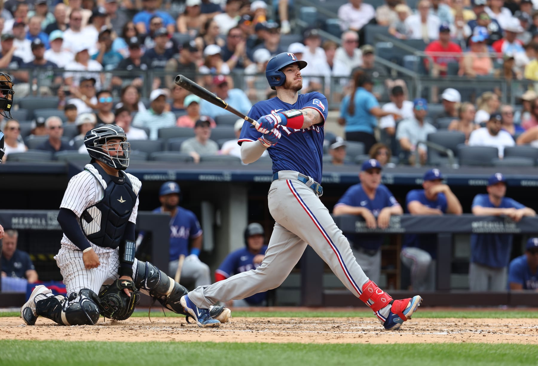 NEW YORK, NEW YORK - JUNE 25:  Jonah Heim #28 of the Texas Rangers bats against the New York Yankees during their game at Yankee Stadium on June 25, 2023 in Bronx borough of New York City.  (Photo by Al Bello/Getty Images)