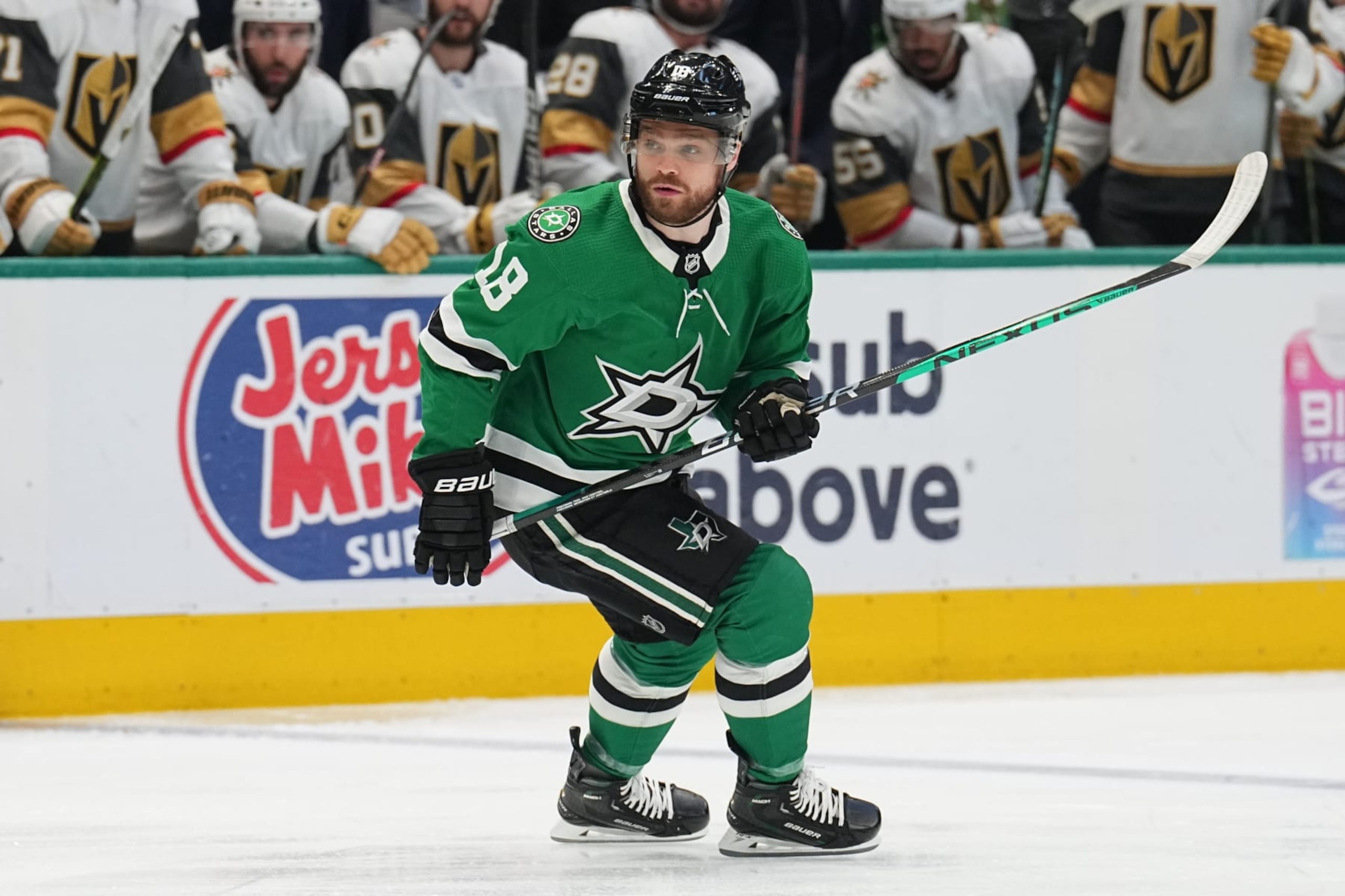 DALLAS, TX - MAY 29: Max Domi #18 of the Dallas Stars skates against the Vegas Golden Knights in Game Six of the Conference Final of the 2023 Stanley Cup Playoffs at the American Airlines Center on May 29, 2023 in Dallas, Texas. (Photo by Glenn James/NHLI via Getty Images)