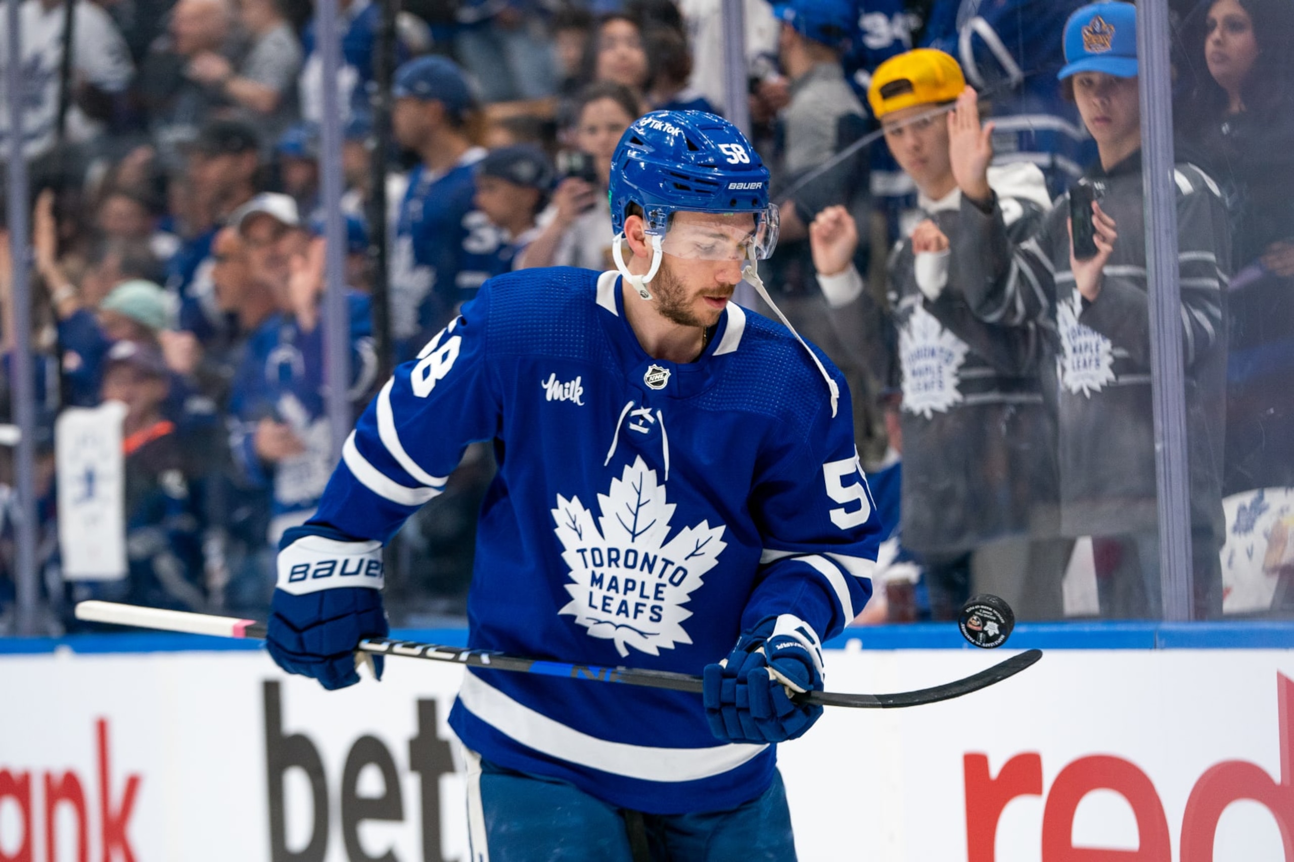 TORONTO, CANADA - MAY 12: Michael Bunting #58 of the Toronto Maple Leafs keeps the puck up in warmups against the Florida Panthers in Game Five of the Second Round of the 2023 Stanley Cup Playoffs at the Scotiabank Arena on May 12, 2023 in Toronto, Ontario, Canada. (Photo by Michael Chisholm/NHLI via Getty Images)