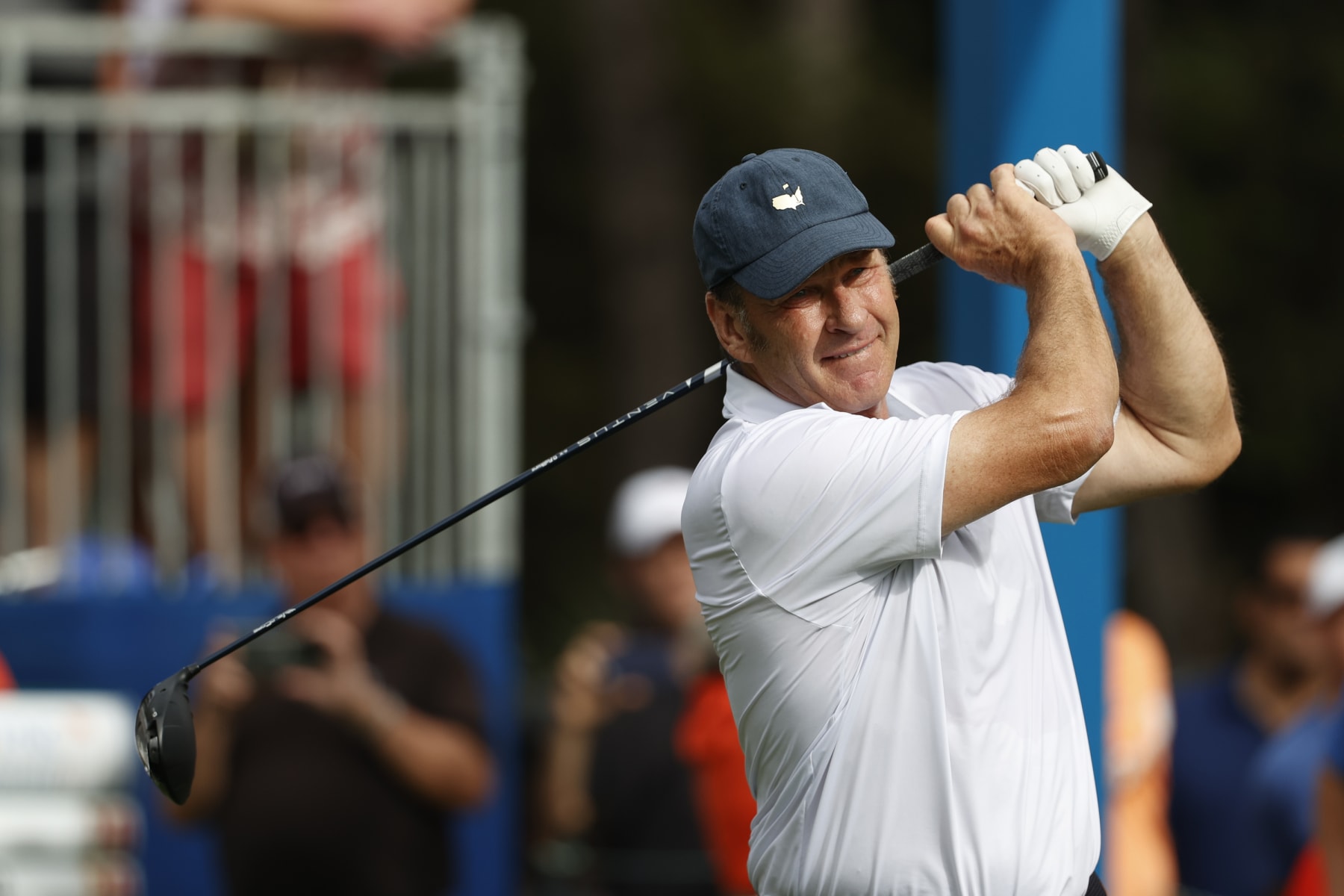 Nick Faldo tees off on the first hole during the second round of the PNC Championship golf tournament Sunday, Dec. 19, 2021, in Orlando, Fla. (AP Photo/Scott Audette)