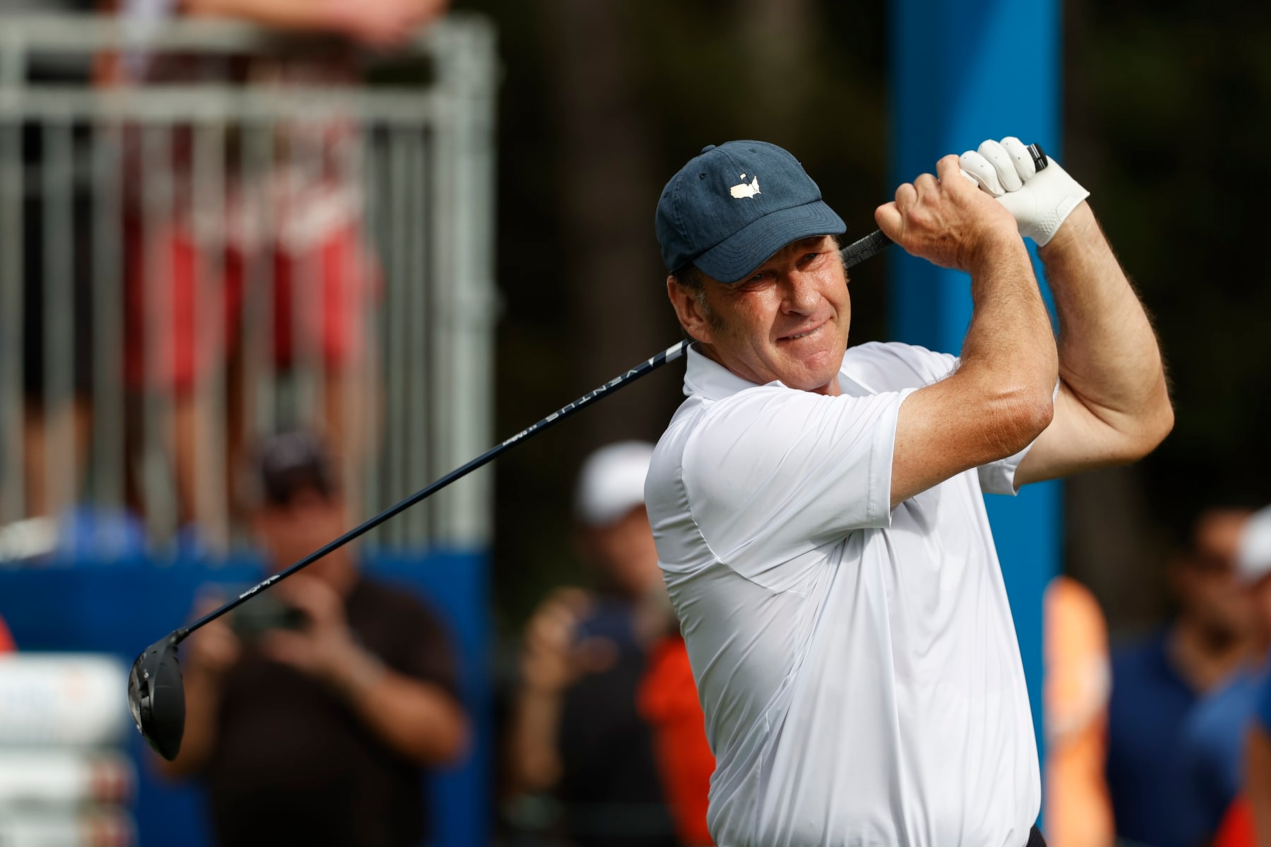 Nick Faldo tees off on the first hole during the second round of the PNC Championship golf tournament Sunday, Dec. 19, 2021, in Orlando, Fla. (AP Photo/Scott Audette)